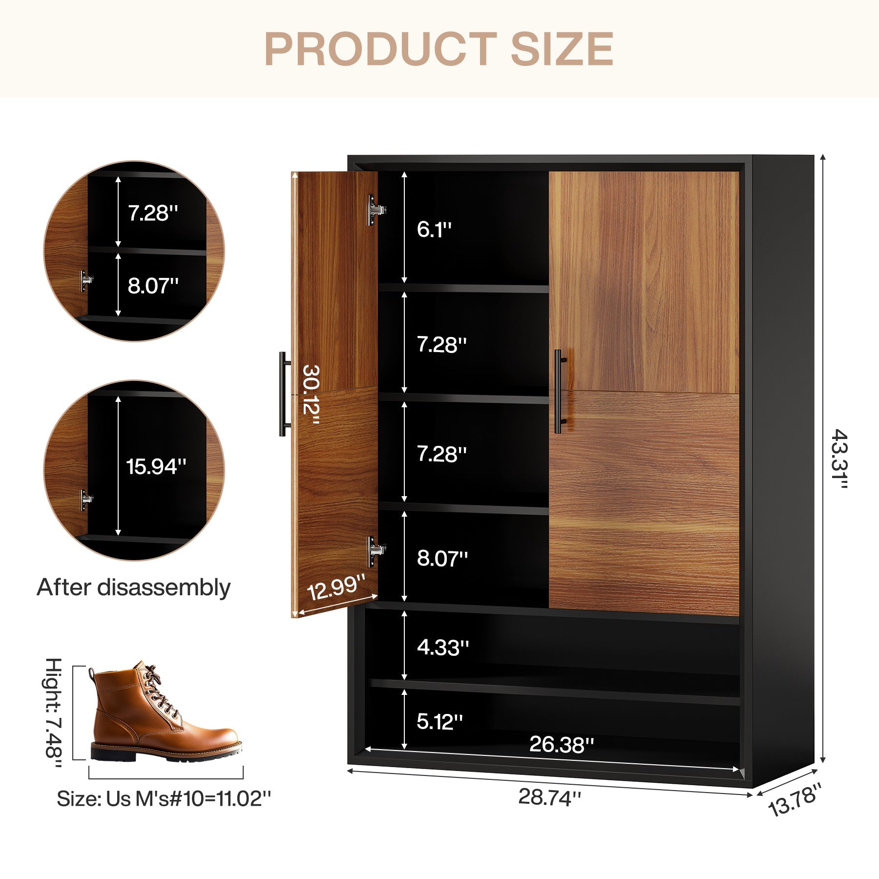 43 Inch Shoe Cabinet with 6 Tier Adjustable Shelves & Doors - Space Saving Shoe Storage Organizer for Entryway, Closet, or Bedroom