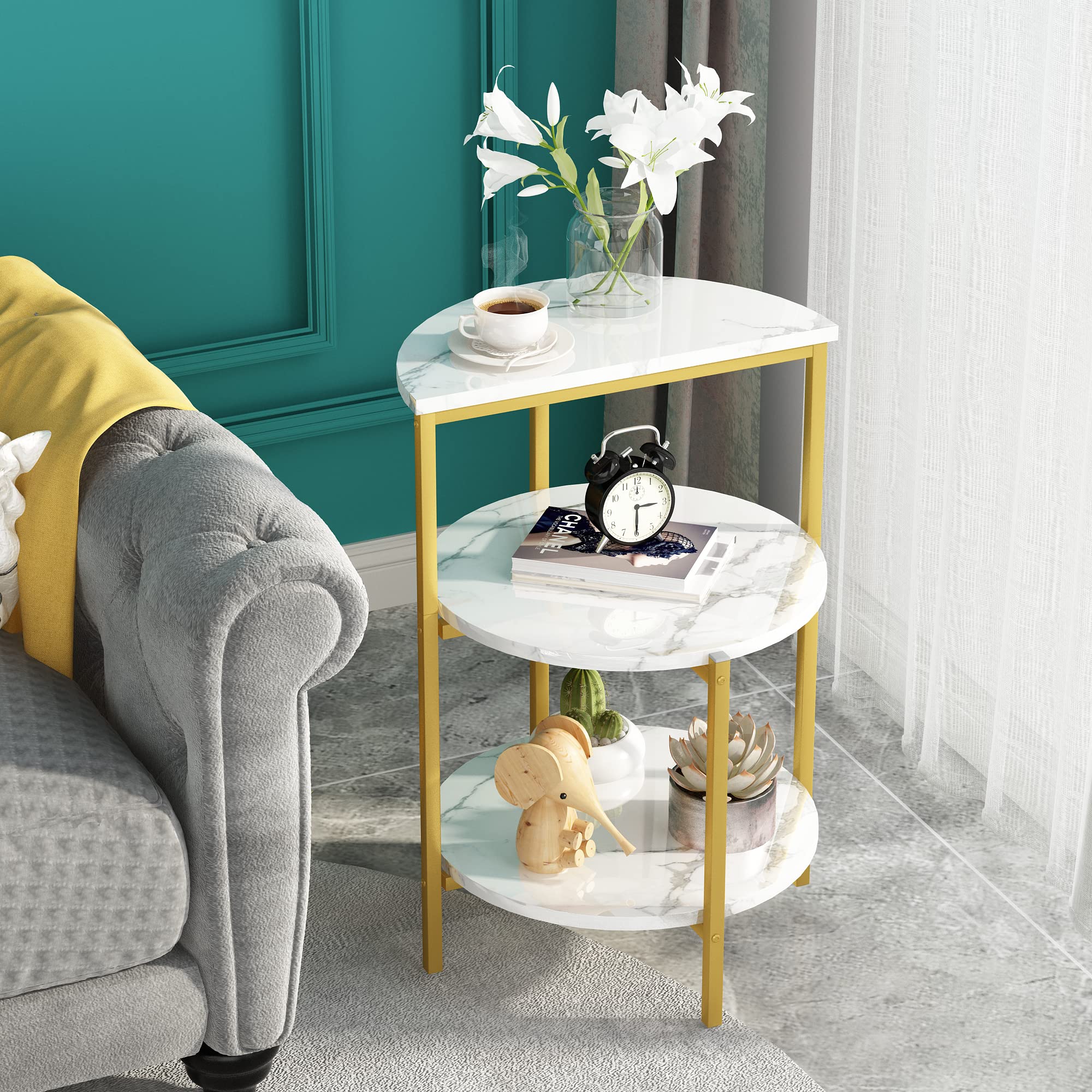 AWQM 3-Tier Marble End Table with Metal Frame - Small Round Side Table for Sofa, Coffee Table & Bedside - White & Gold Accent - Perfect for Living Room, Bedroom & Corner Spaces