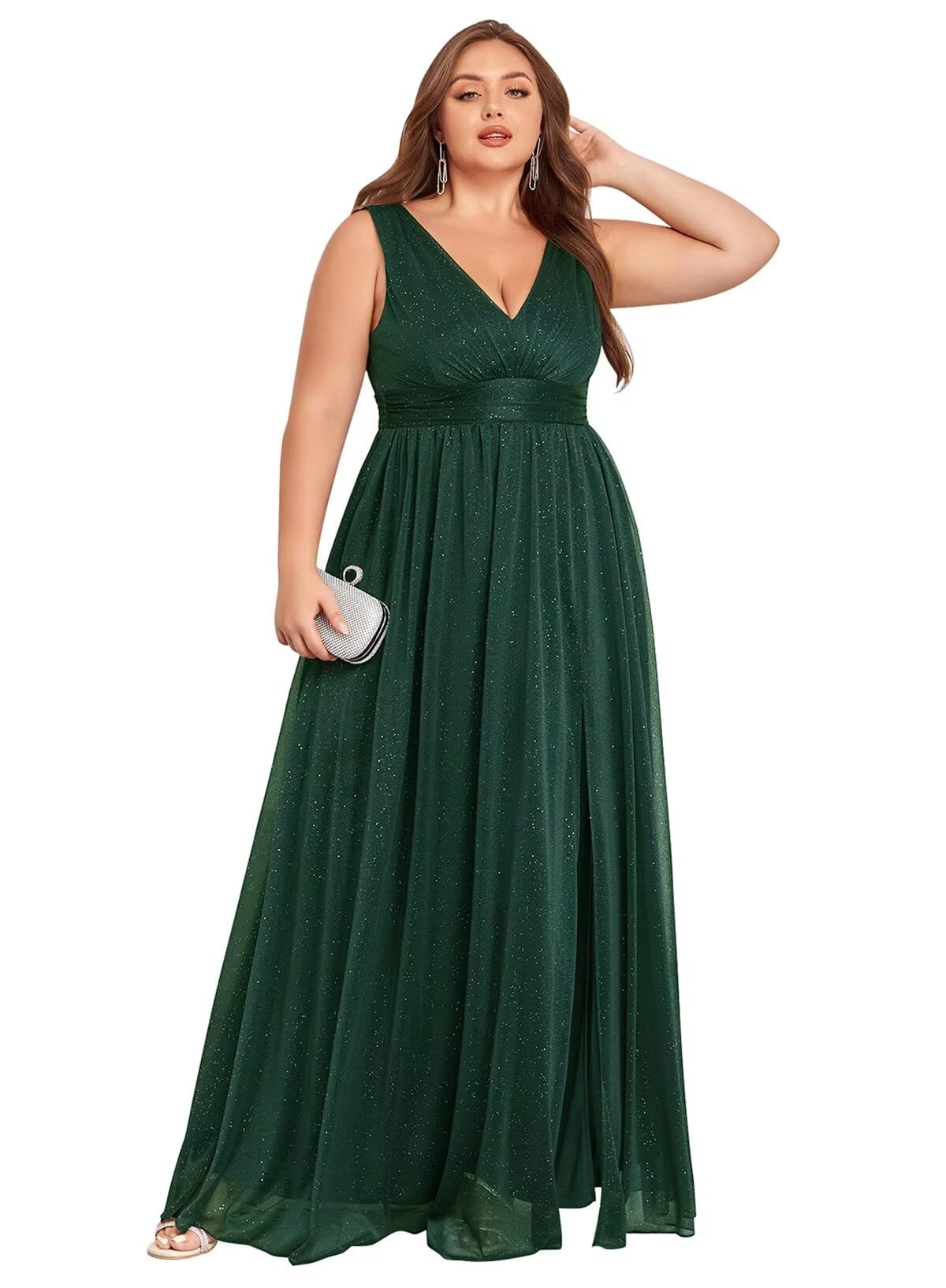 Elegant V-Neck Glitter Evening Gowns for Women 2025 - Sleeveless A-Line Bridesmaid Dresses with Thigh Split | Perfect for Weddings, Prom, Cocktail Parties & Formal Events