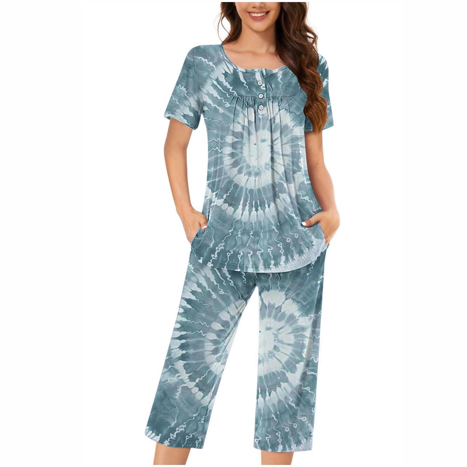 Women's Comfy Pajama Set - Soft Round Neck Short Sleeve Top & Breathable Capri Pants 2-Piece Lounge Wear | Perfect for Sleep, Relaxing at Home & Travel | Casual Ladies Pajama Sets