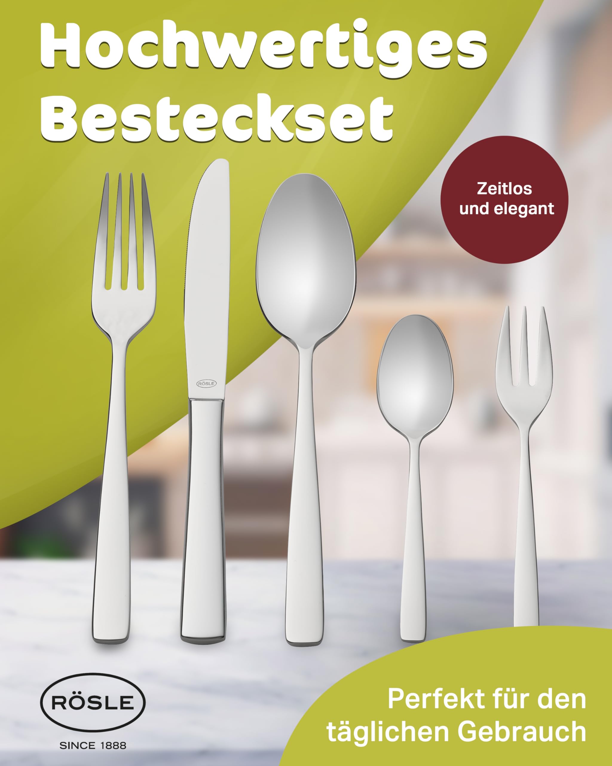 Premium Rosle 5-Piece Stainless Steel Cutlery Set - Knife Fork Spoon Set for Dining, Kitchen & Camping - Mirror Polished Silver Flatware for Restaurants, Home & Outdoor Use