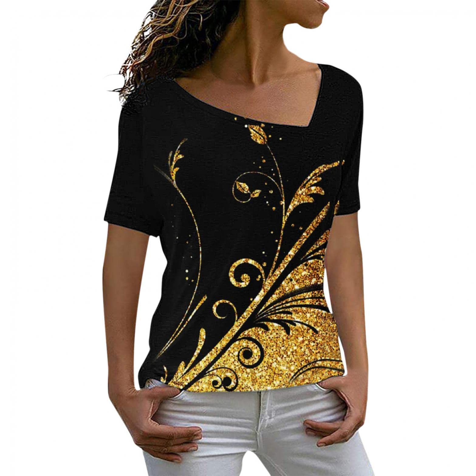 Women's Loose Fit Patchwork Print V-Neck Casual Short Sleeve T-Shirt Tunic Top - Summer Fashion, Boho Style, Comfortable Daily Wear for Outings, Beach & Vacation