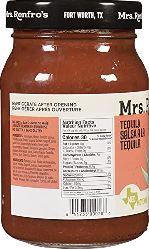 Mrs. Renfro's Tequila Salsa - Premium Gluten Free Mexican Salsa for Dips, Chips, Tacos & Nachos - 16oz (473ml) Bottle - Perfect for Parties, Game Nights & Mexican Cuisine