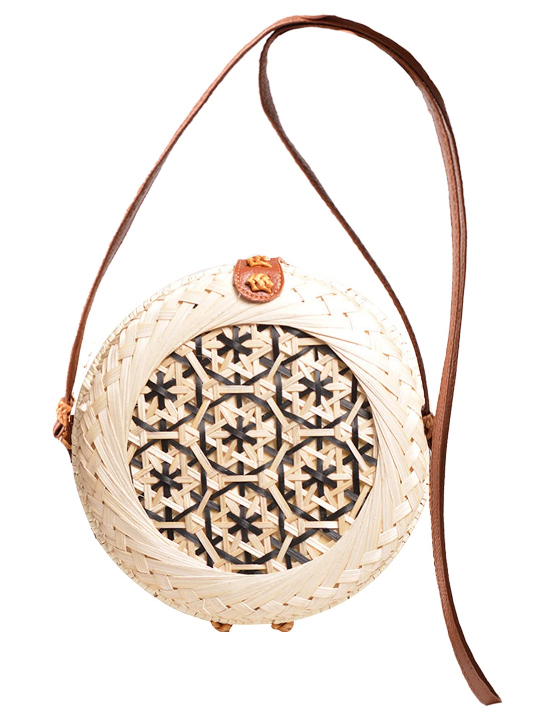 Eco-Friendly Handwoven Round Bamboo Shoulder Bag - Natural Chic Beach Tote with Leather Strap | Perfect for Summer Vacations, Beach Outings & Boho Fashion
