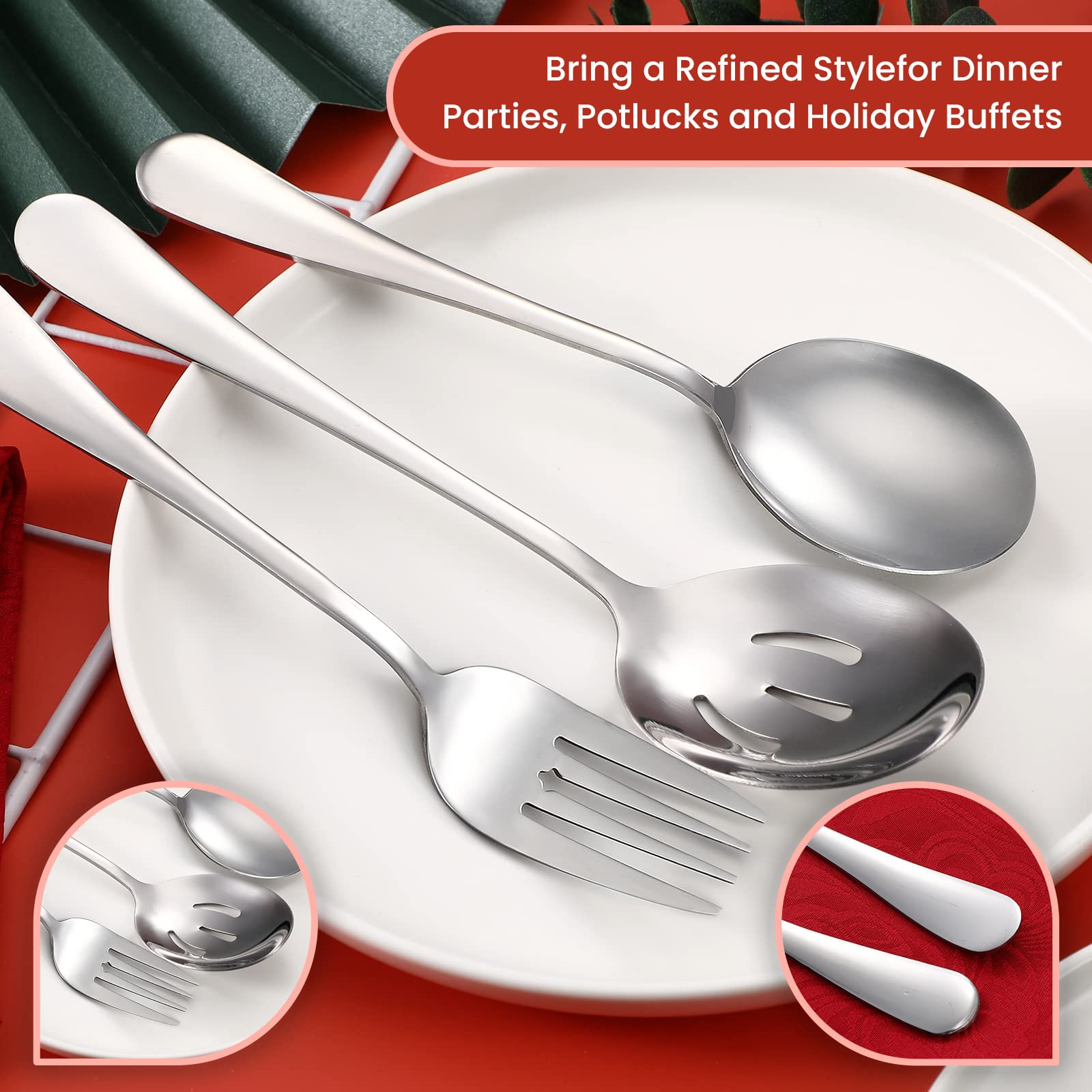 **Patelai 6-Piece Stainless Steel Serving Spoon Set – 4 Slotted Spoons & 2 Forks – 8.7 Inch Silver – Ideal for Buffet, Party, Banquet & Restaurant Use**