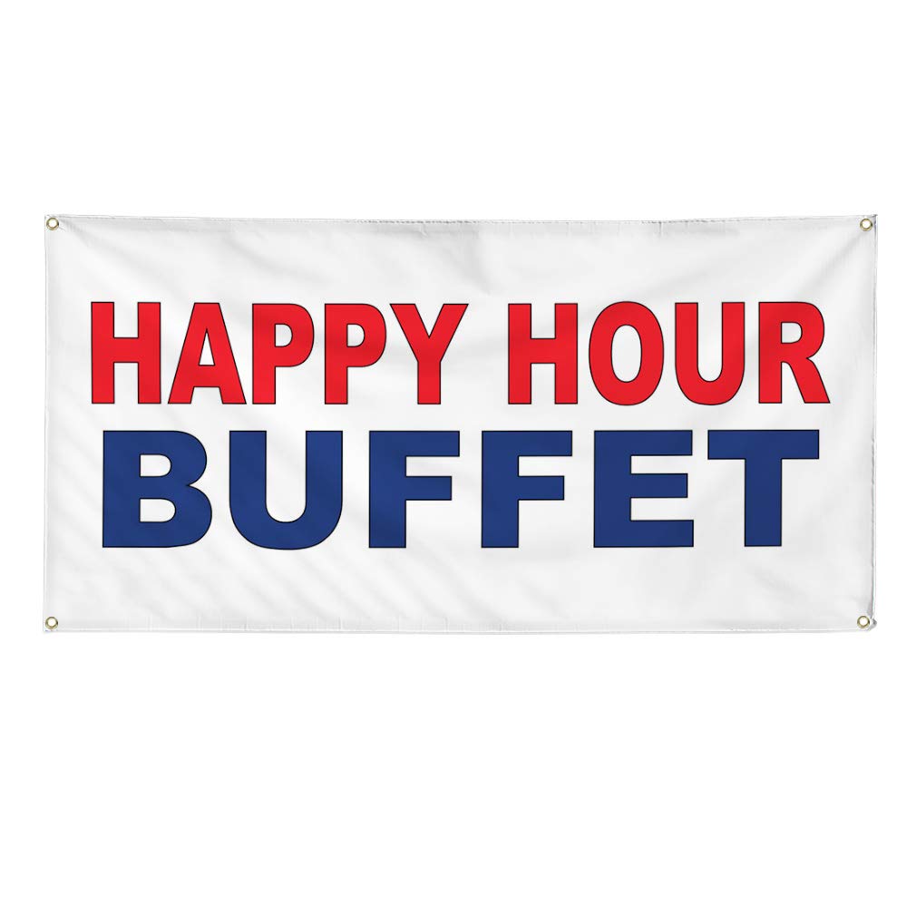 Happy Hour Buffet Vinyl Banner - 48x96 Inches, Weatherproof, 8 Grommets - Red & Blue Outdoor Business Sign for Restaurants, Bars & Events
