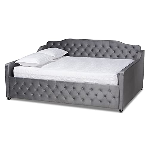 BOWERY HILL Transitional Gray Velvet Tufted Queen Size Wood Daybed - Elegant Sofa Bed for Guest Room, Living Room & Small Space Decor