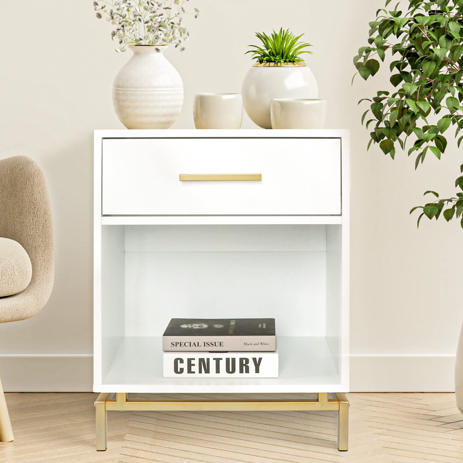 Giluta Modern Wood Nightstand with 1 Drawer - Mid Century Bedside Table, Traditional End Table with Storage Shelf for Bedroom & Living Room - White/Gold Finish - Perfect for Small Spaces & Apartment Decor