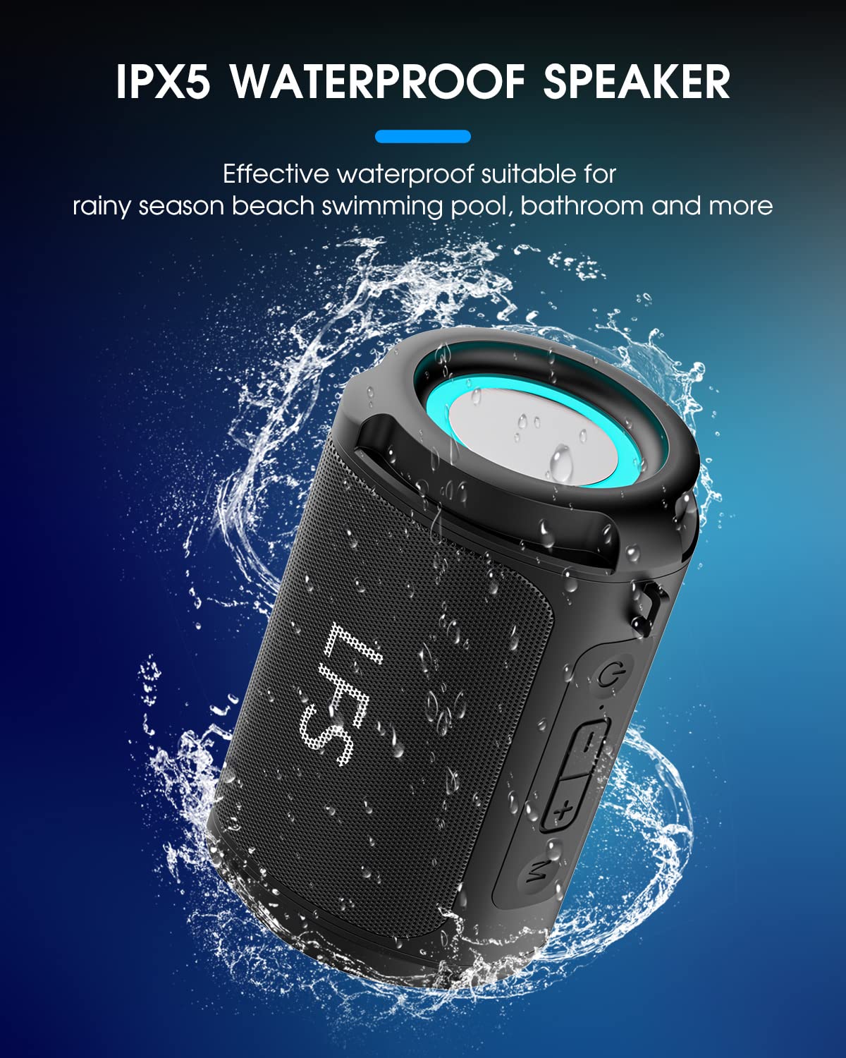 Portable Bluetooth Speaker Waterproof Wireless Speaker with TWS Pairing, RGB Lights, 15H Playtime - Mini Travel Speaker for Shower, Beach, Camping, Home & Outdoor Activities | Perfect for Pool Parties, Hiking & Backyard BBQs