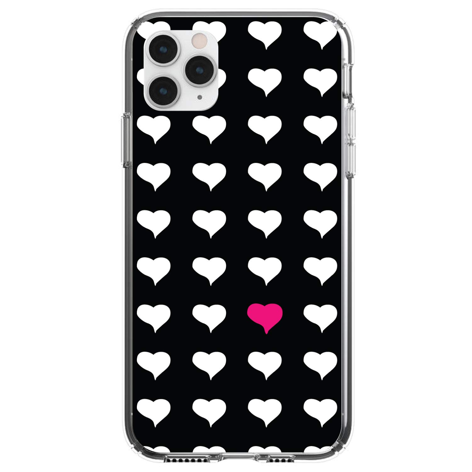 DistinctInk Clear Shockproof Hybrid Case for iPhone 13 Pro MAX (6.7 Inch) - TPU Bumper with Acrylic Back & Tempered Glass Screen Protector - Pink White Black Repeating Hearts Design - Perfect for Daily Use, Travel & Outdoor Activities