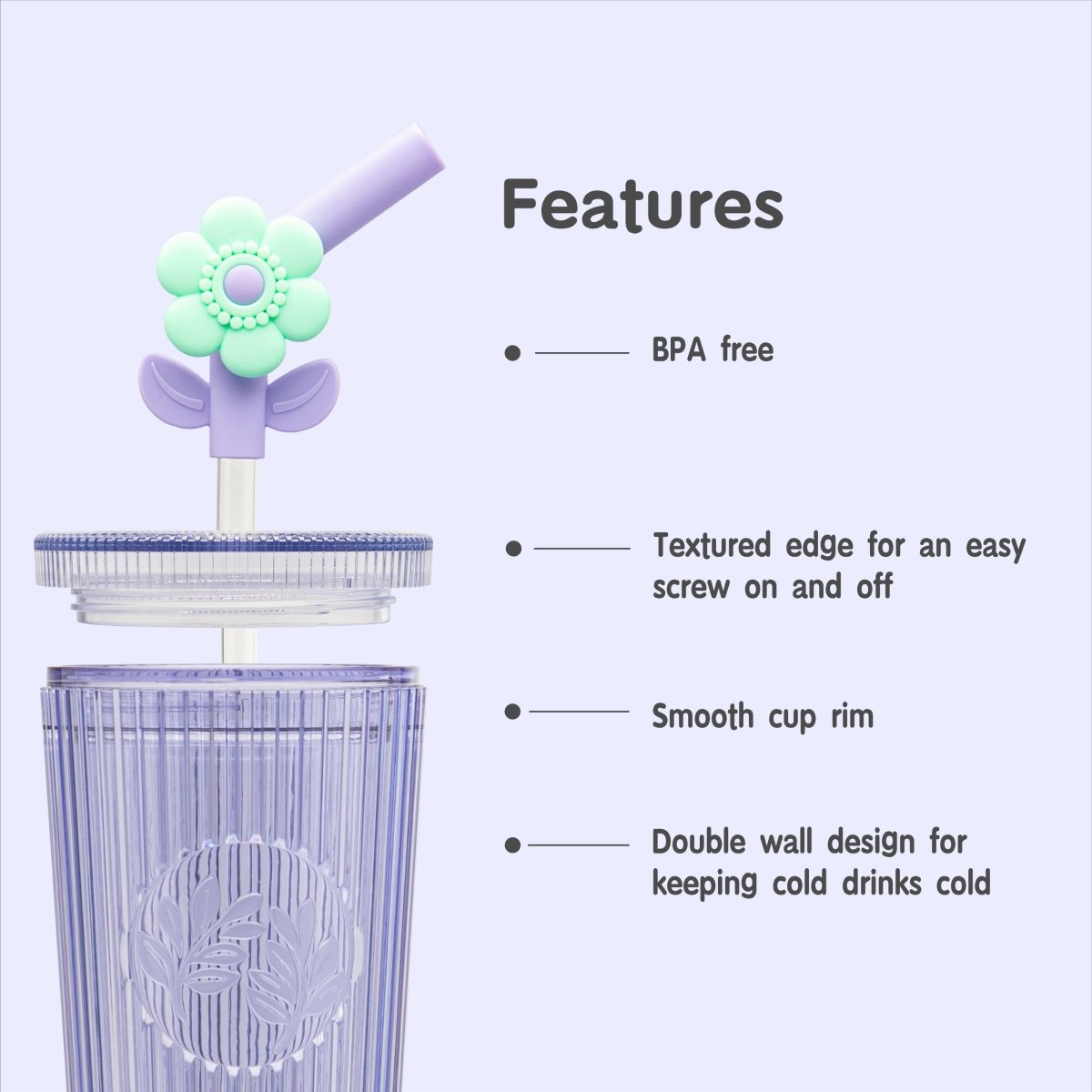 26oz Insulated Tumbler with Straw & Leak-Proof Lid - Cute Flower Silicone Straw Tips in Botanica Purple | Perfect for Iced Coffee, Smoothies & Outdoor Activities