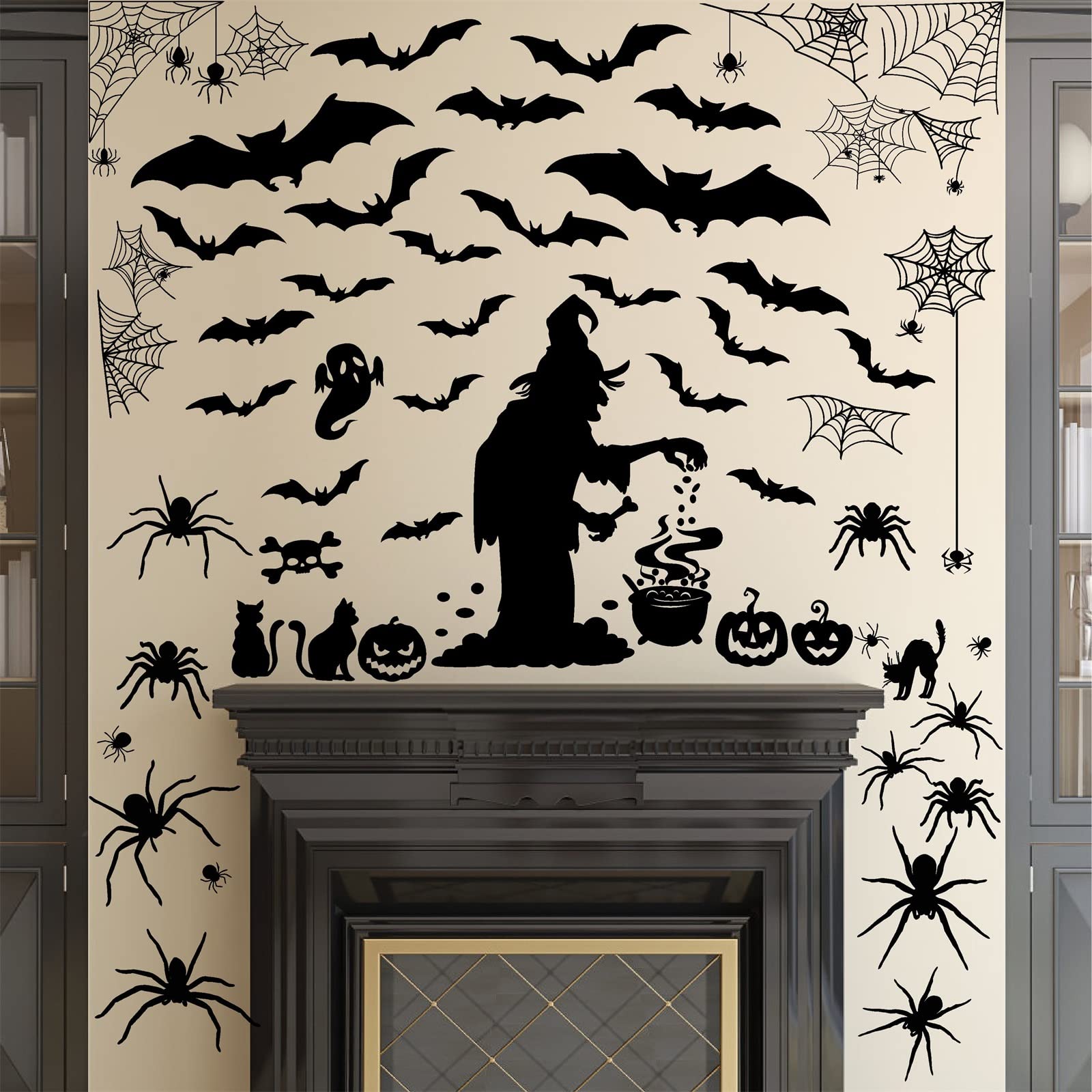 Halloween Witch Wall Decals - Removable Vinyl Spider & Ghost Bats Stickers for Windows, Doors & Home Decor - Perfect for Halloween Party Decorations & Spooky Room Makeover