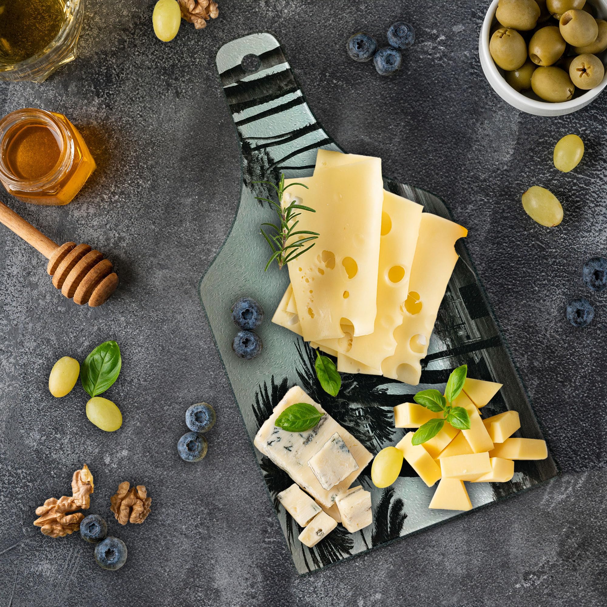 Ambesonne Tempered Glass Cutting Board - Wine Bottle Shape with Palm Tree & Los Angeles Downtown Park Design - Dark Brown & White - Perfect for Serving Cheese, Charcuterie & Wine Pairings at Parties & Gatherings