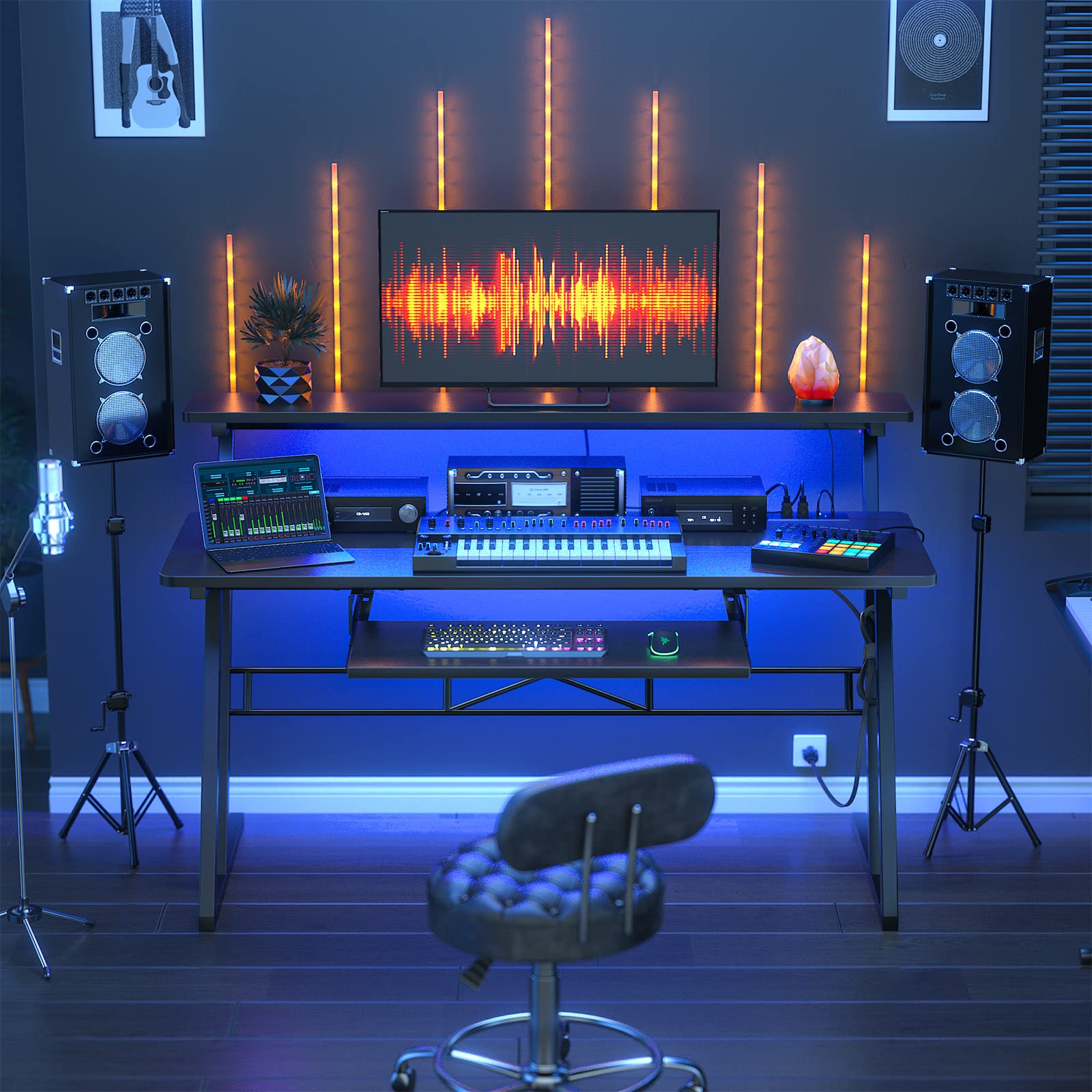 Armocity Music Studio Desk with Power Outlets & RGB LED Lights - Professional Recording Studio Workstation for Music Producers, DJs & Home Studios - Matte Black Design for Home & Professional Music Production Spaces