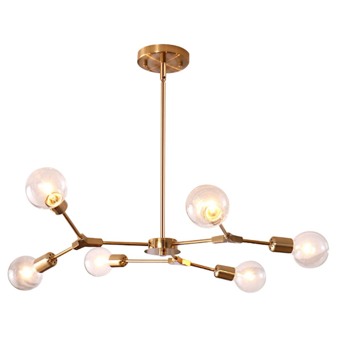 Modern Sputnik Chandelier - Brushed Brass Hanging Lamp with Adjustable Arms | Industrial Flush Mount Ceiling Light Fixture | 6-Light Gold Finish | Perfect for Living Room, Dining Room & Bedroom Lighting