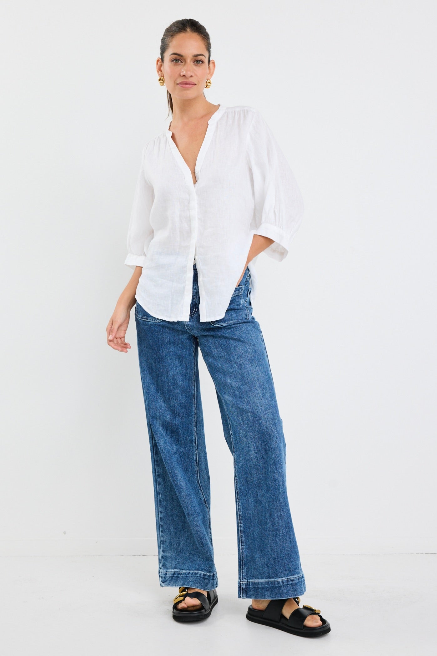 Deity White Linen Button-Down Blouse with Puff Sleeves - Elegant Summer Top for Office, Date Night & Casual Outings
