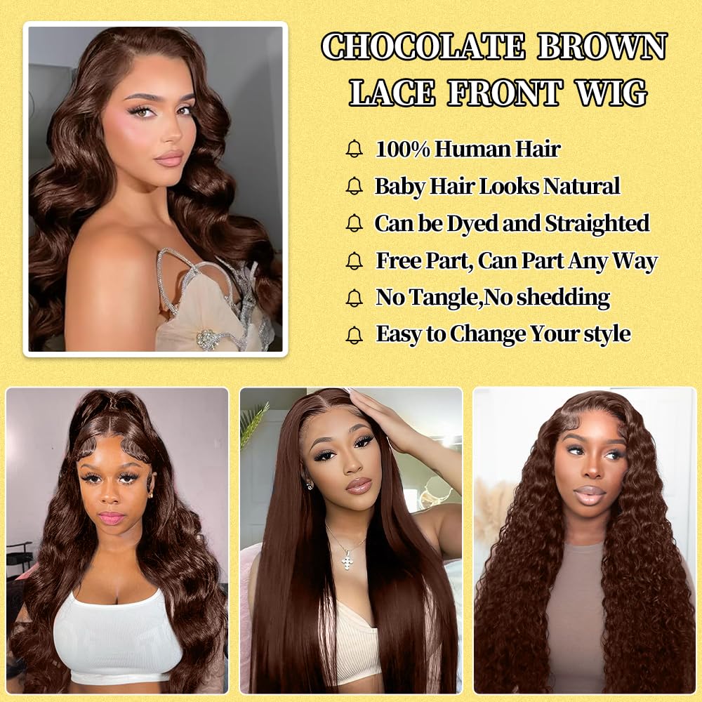 200 Density Chocolate Brown 30 Inch 13x6 HD Lace Front Human Hair Wig - Glueless Body Wave with Pre-Plucked Natural Hairline for Women | Perfect for Daily Wear, Cosplay, and Special Occasions