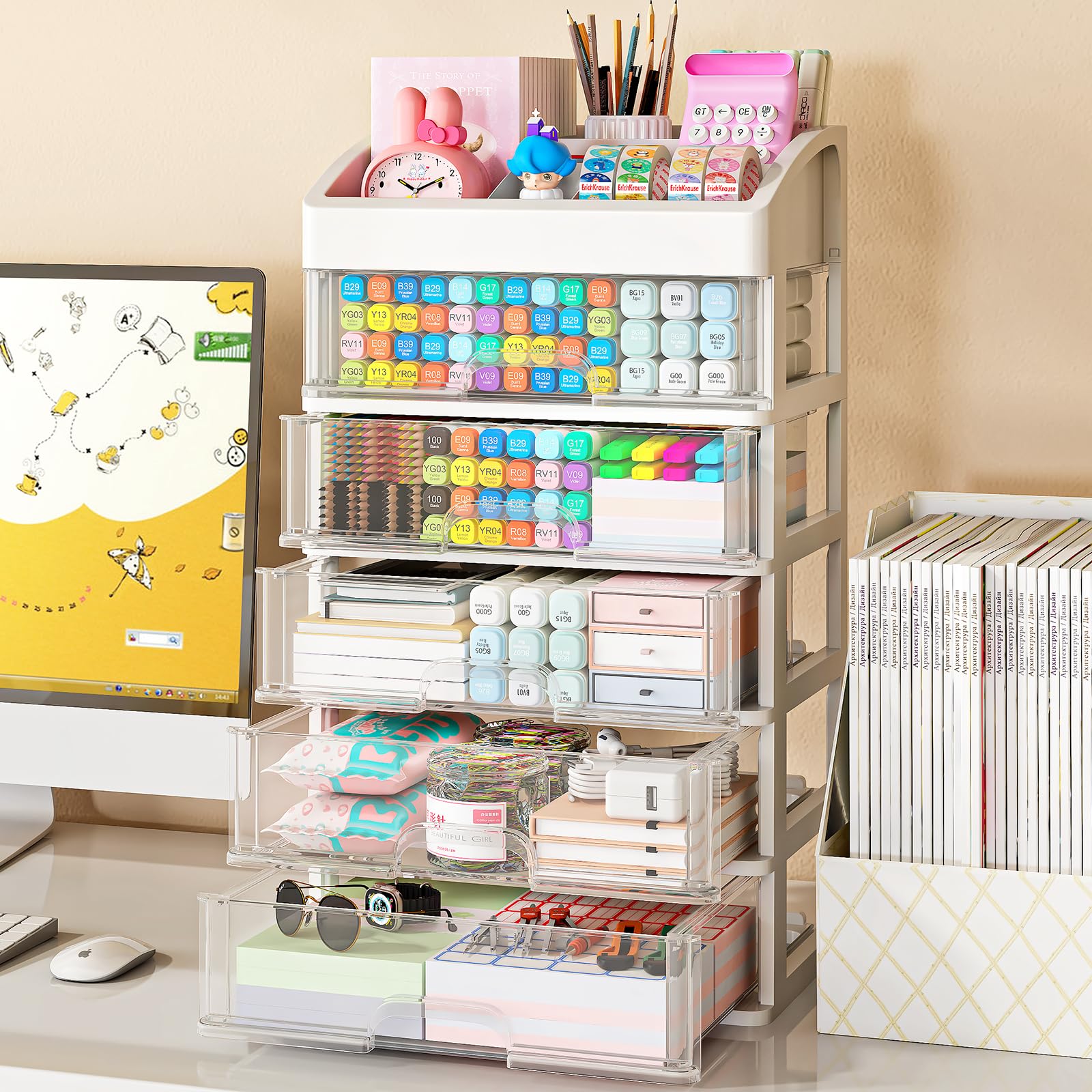 5-Drawer Desk Organizer - Plastic Storage Drawers for Office Supplies, Stationery & Makeup | Compact Desktop Organizer for Office, School, Home | Perfect for Workspace Organization & Beauty Product Storage