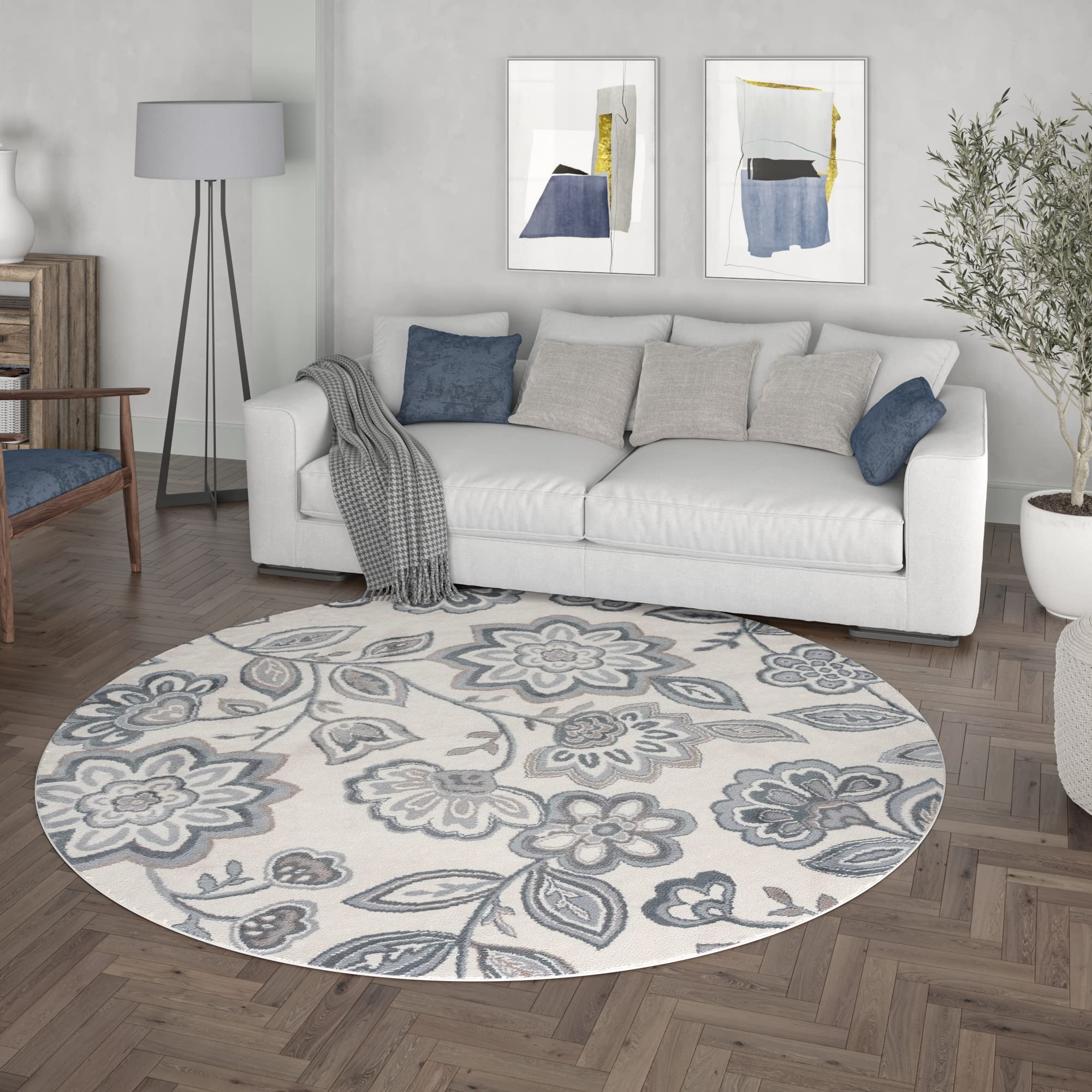 Tayse Cream Modern Large 8ft Round Rug - Soft Contemporary Area Rug for Living Room, Bedroom & Dining Room - Non-Slip Kitchen & Entryway Carpet - Alfombras para Salas Modernas - Perfect for Home Decor, Office Spaces & Cozy Gatherings