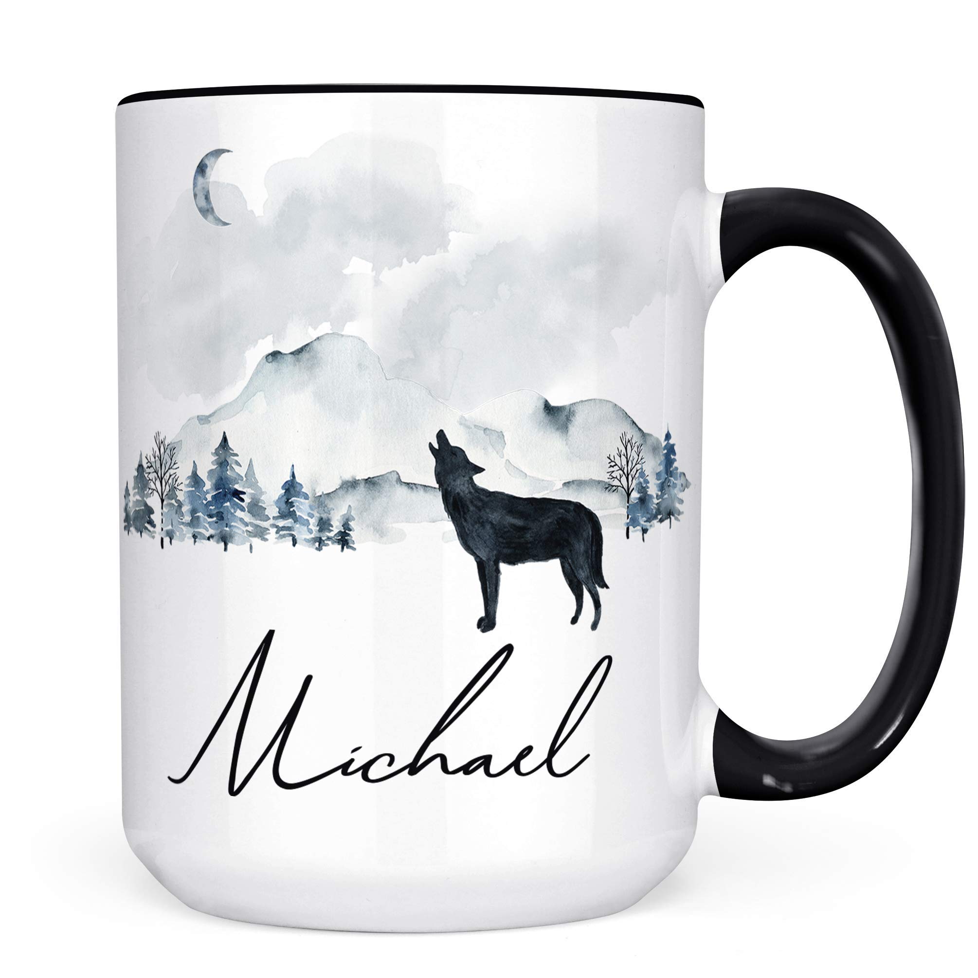 Personalized Wolf Watercolor Mountain Scene Coffee Mug - Custom Name Ceramic Cup | Microwave & Dishwasher Safe | Perfect for Office Gifts, Housewarming Presents & Coffee Lovers
