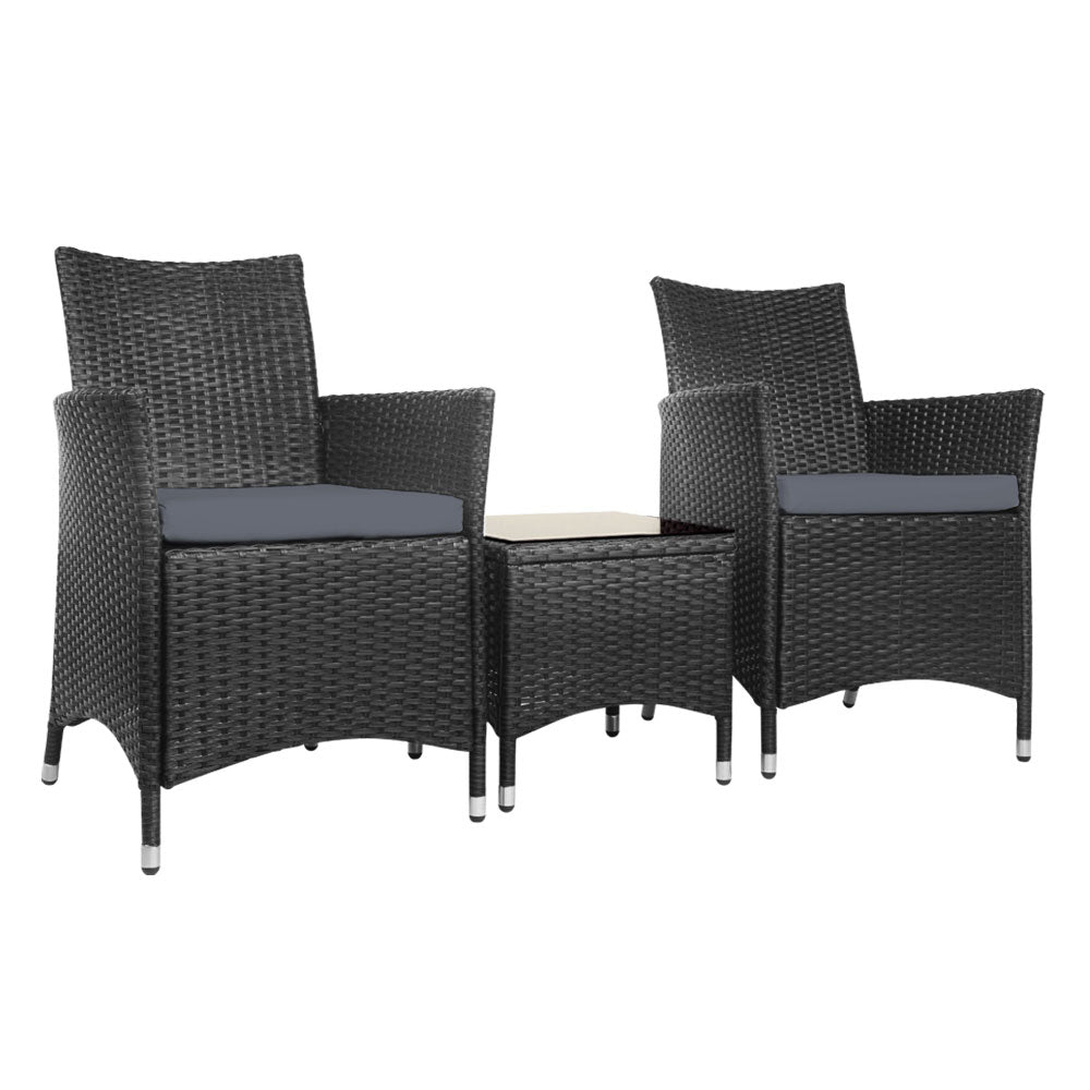 3-Piece Outdoor Bistro Set - All Black Wicker Patio Furniture with Cushions - Perfect for Garden, Balcony & Backyard Dining