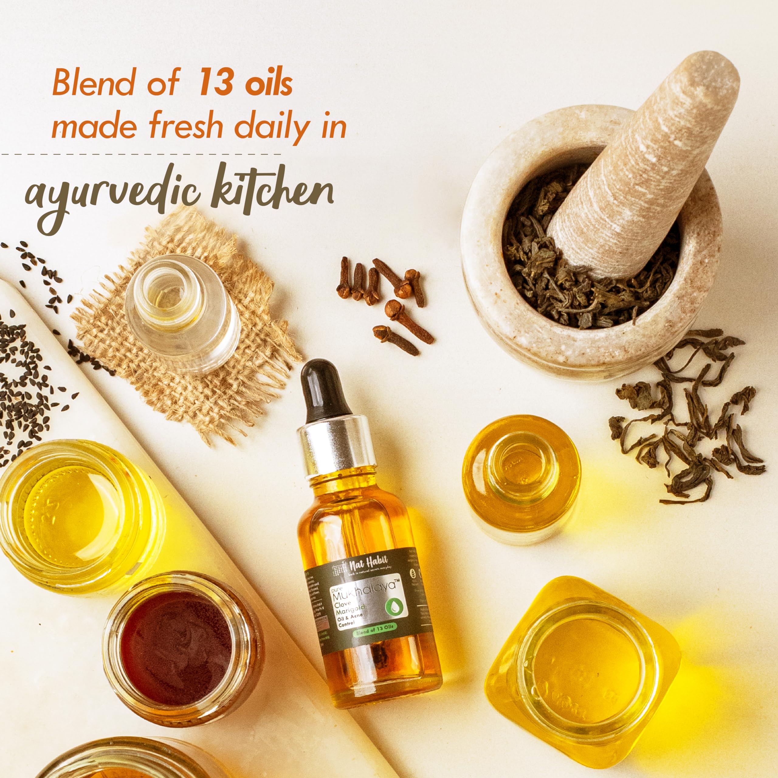 Nat Habit Clove Marigold Face Oil for Acne-Prone Skin - 100% Natural Cold Pressed Oil Blend with 13 Botanicals to Control Breakouts & Balance Sebum - 15ml Mukhalaya Oil for Women - Perfect for Daily Skincare Routine & Overnight Treatment