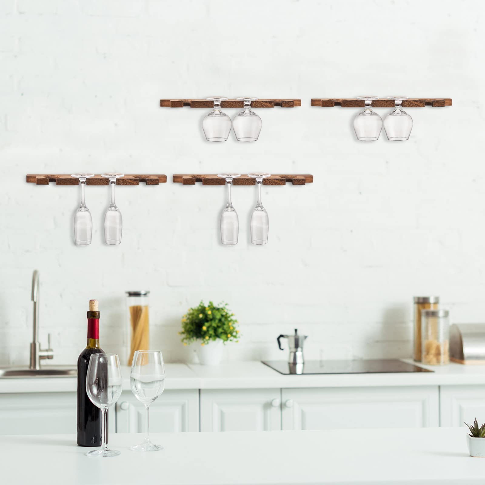 Rustic Wooden Wall Mounted Wine Glass Holder - Stemware Rack & Champagne Glass Organizer for Kitchen, Bar - Floating Shelf for Glassware Storage (8 Pcs, 17 x 3 x 0.8 Inch) - Perfect for Home Decor, Entertaining Guests & Halloween Party Setup