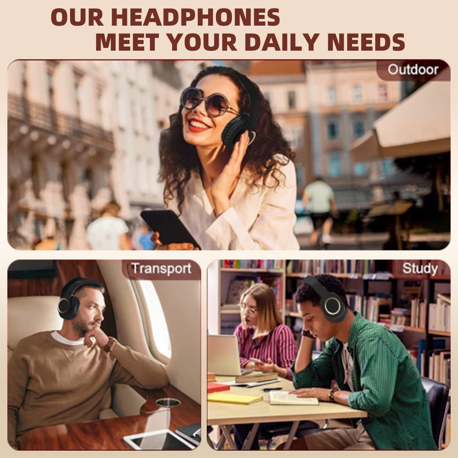 Wireless Bluetooth Over-Ear Headphones with Built-in Mic, Foldable Stereo Headset with Micro SD/TF & FM, Lightweight & Soft Earmuffs for Long Wear - Perfect for Travel, Workouts & Office Use (Black)