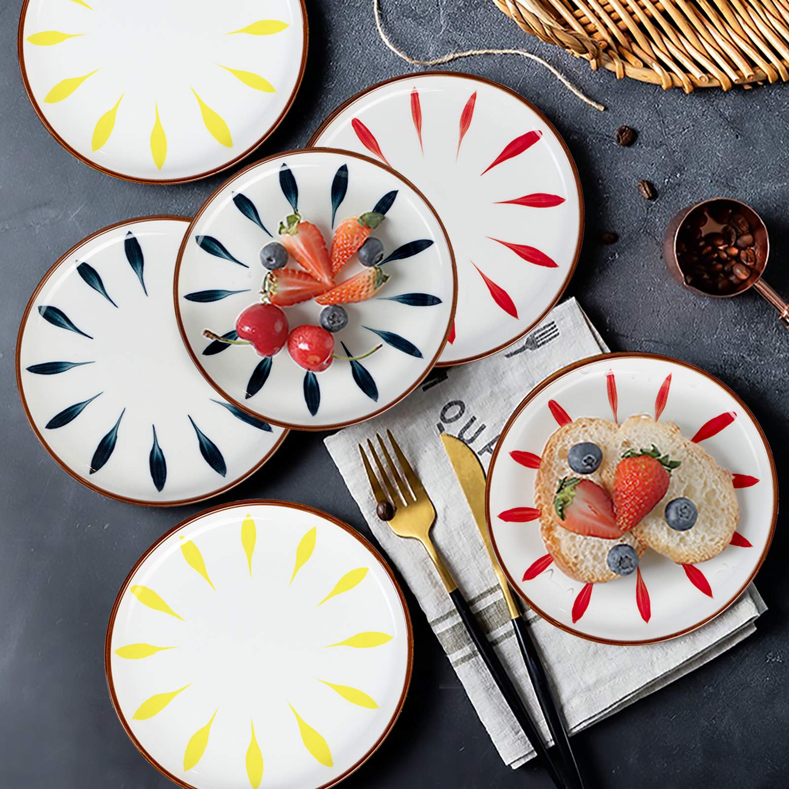 Aquiver 6-Inch Ceramic Dessert Plates Set of 6 - Hand-Painted Porcelain Appetizer Plates for Cake, Pie, Ice Cream, Snacks - Elegant Tea Party & Dessert Serving Dishes (3 Color Options) - Perfect for Afternoon Tea, Birthday Parties & Holiday Entertaining