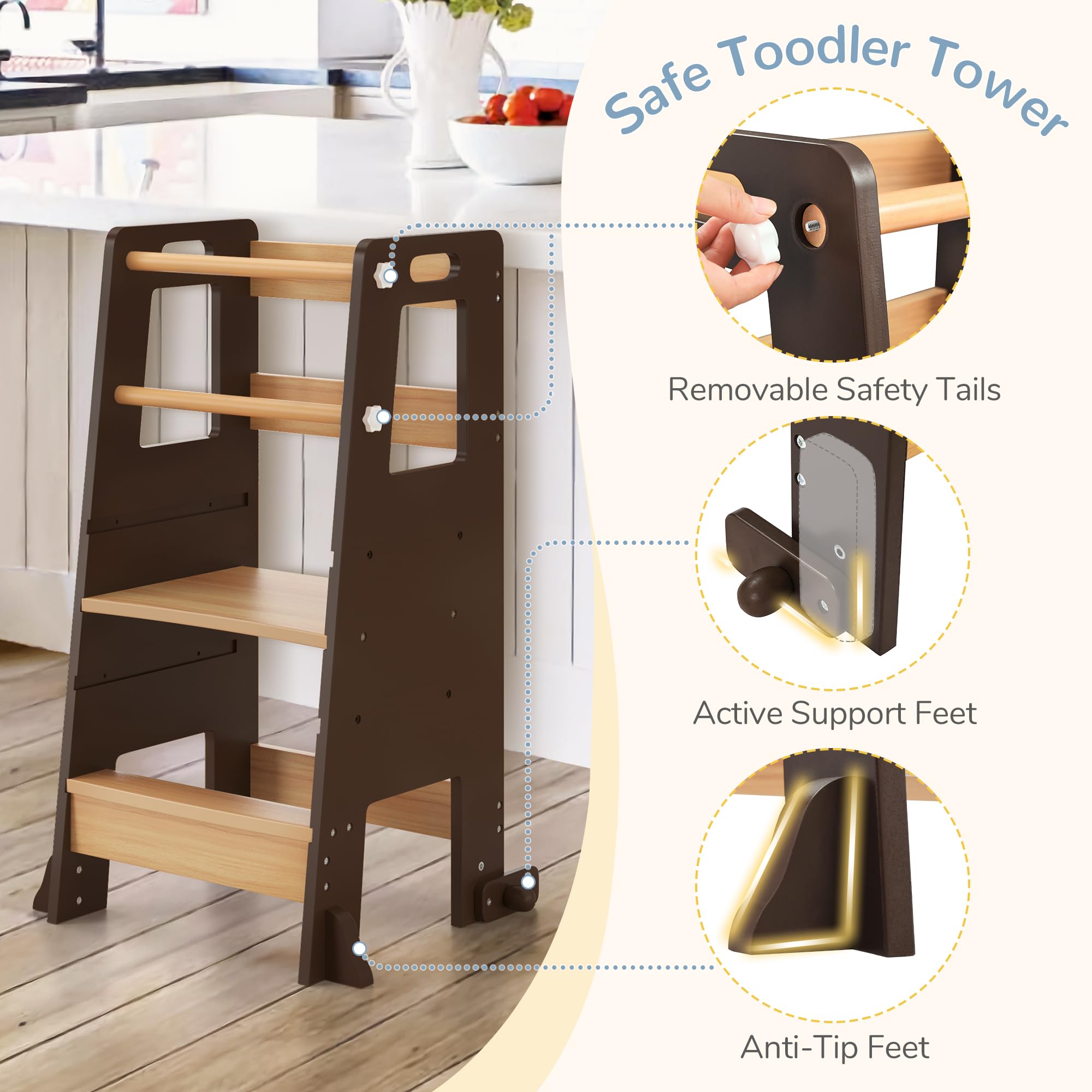 **Adjustable Toddler Step Stool with Safety Rails - Dark Natural Wood Kitchen Helper Tower for Kids - Perfect for Cooking, Bathroom Sink & Bedroom Climbing**
