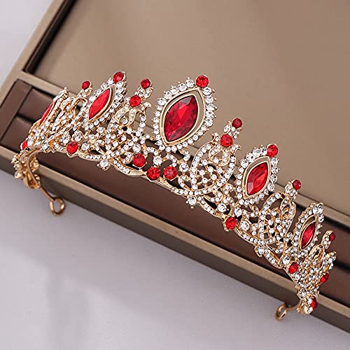 Royal Gold Baroque Crystal Tiara for Women - Elegant Bridal Hair Crown with Rhinestones, Vintage Wedding Headpiece & Hair Jewelry - Perfect for Brides, Prom, Pageants, and Special Occasions (Red Metal)