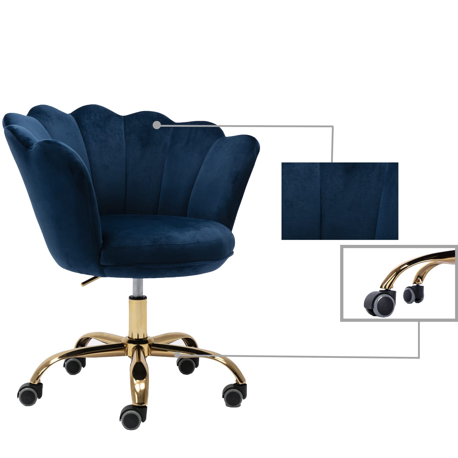 Ergonomic Modern Home Office Chair - Adjustable Swivel Desk Chair with Wheels for Work, Study & Makeup - Velvet Upholstered Task Chair for Living Room, Bedroom & Vanity (Dark Blue) - Perfect for Home Office, Gaming & Beauty Station