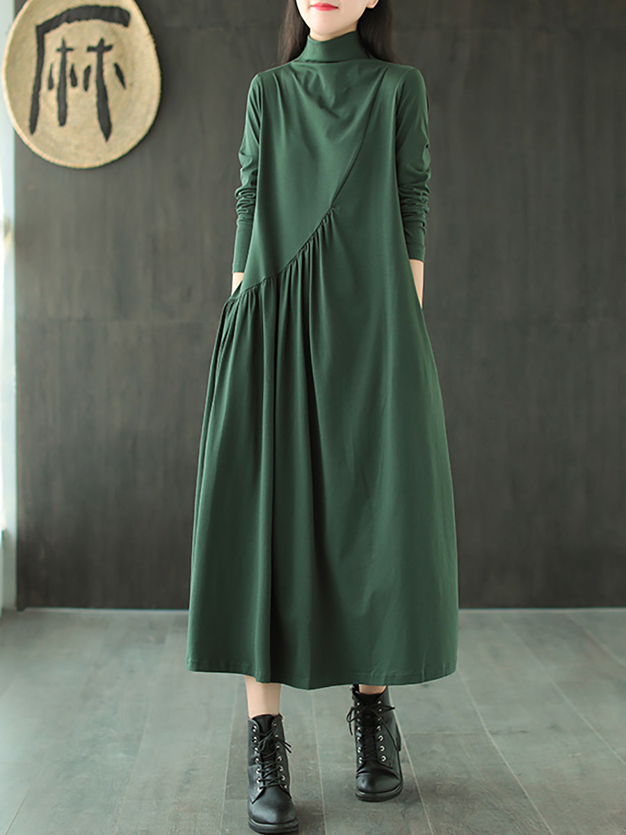 Elegant Plus Size Solid Color Draped High Neckline Dress for Women - Perfect for Office Wear, Evening Parties & Special Occasions