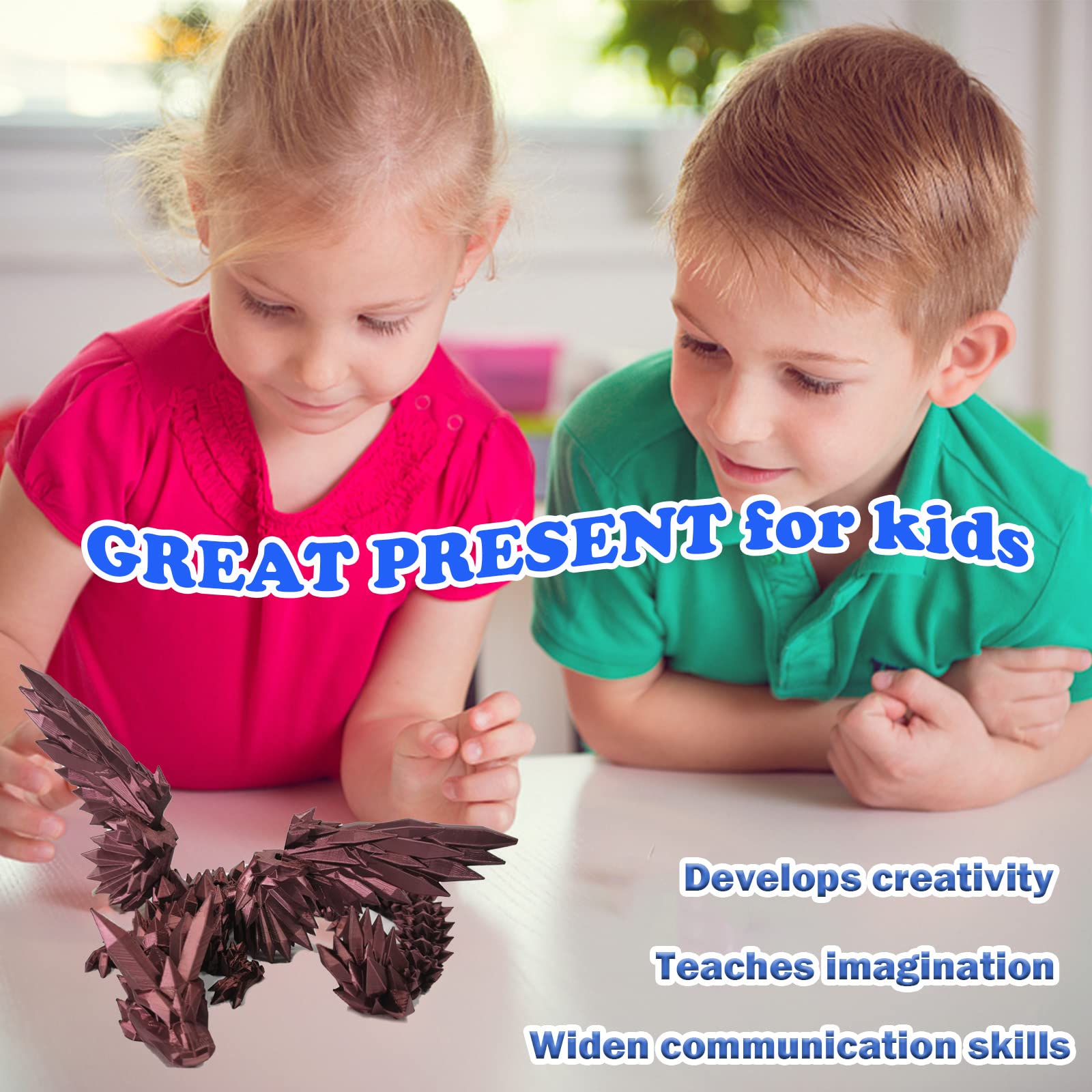 3D Printed Dragon Action Figure - Flying Diamond Dragon with Movable Joints & Wings - Bronze God of Strength Collectible Toy (9.8 Inch) - Anti-Stress Relief for Adults & Collectors - Perfect for Display, Gifts, and Anxiety Relief Therapy