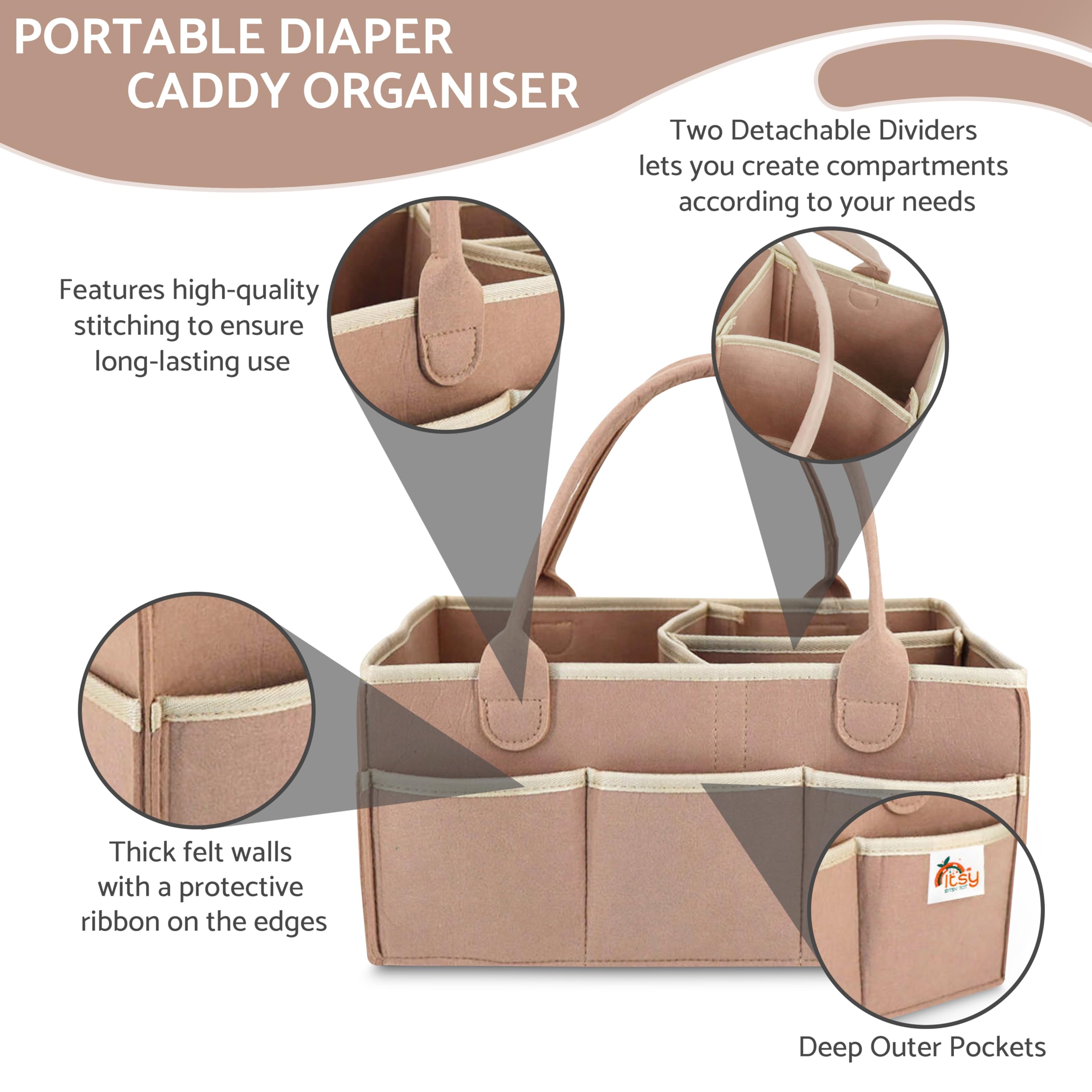 Itsy Bitsy Tot Diaper Caddy Organizer - Large Nursery Storage & Car Organizer for Baby Essentials (Tanny Peach) - Perfect for Diaper Changing Stations & On-the-Go Parenting
