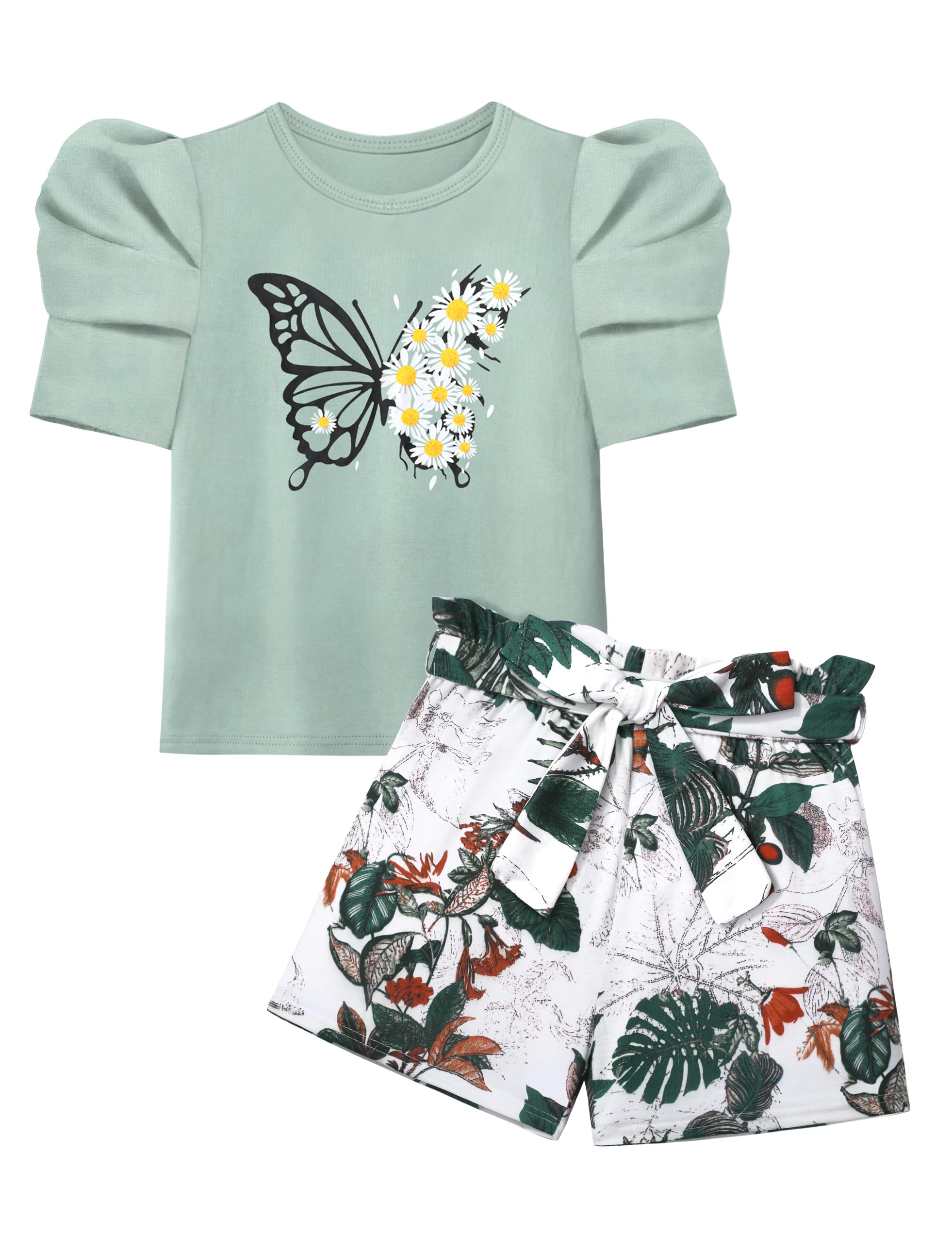 NAPU Girls Summer Outfits - 2 Piece Puff Sleeve Top & Elastic Waist Shorts Set with Belt | Cute Toddler Clothes for Playdates, Beach Vacations & Summer Activities
