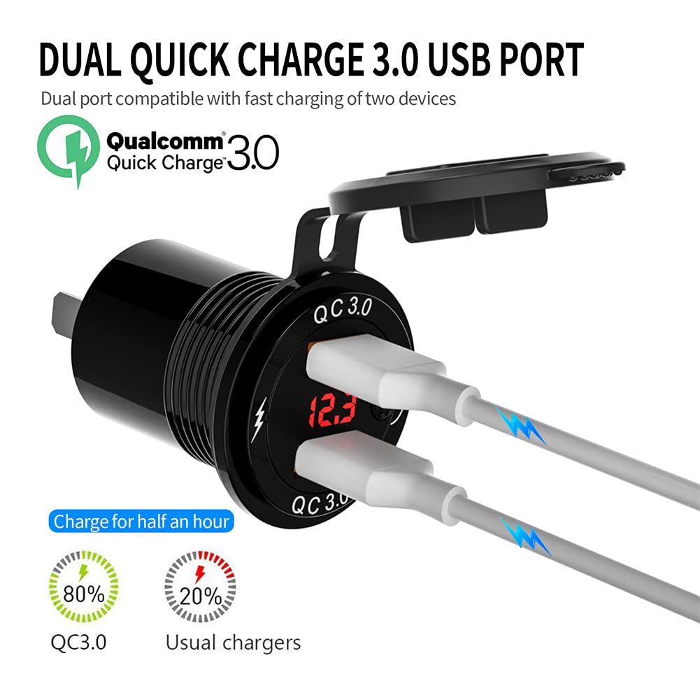 12V-24V Dual USB Car Fast Charger with Voltmeter & Mechanical Switch - Aluminum Alloy Multi-Function Car Charger for Road Trips & Daily Commutes