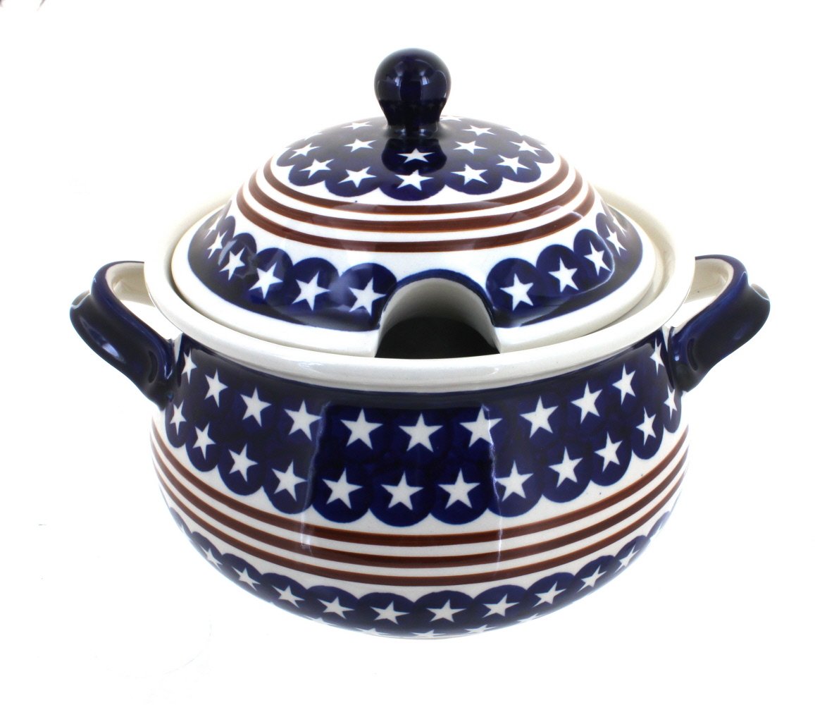 Blue Rose Polish Pottery Stars & Stripes Soup Tureen - Handmade Ceramic Serving Bowl for Soups, Stews & Chili - Perfect for Thanksgiving, Christmas & Patriotic Holidays