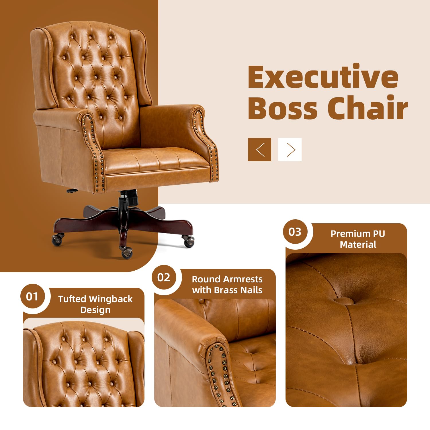 Premium ECOTOUGE Tufted Office Chair – High-Back Faux Leather Executive Desk Chair with Nail Head Trim & Ergonomic Support | Perfect for Home Office, Gaming, and Living Room Workspaces (Brown)