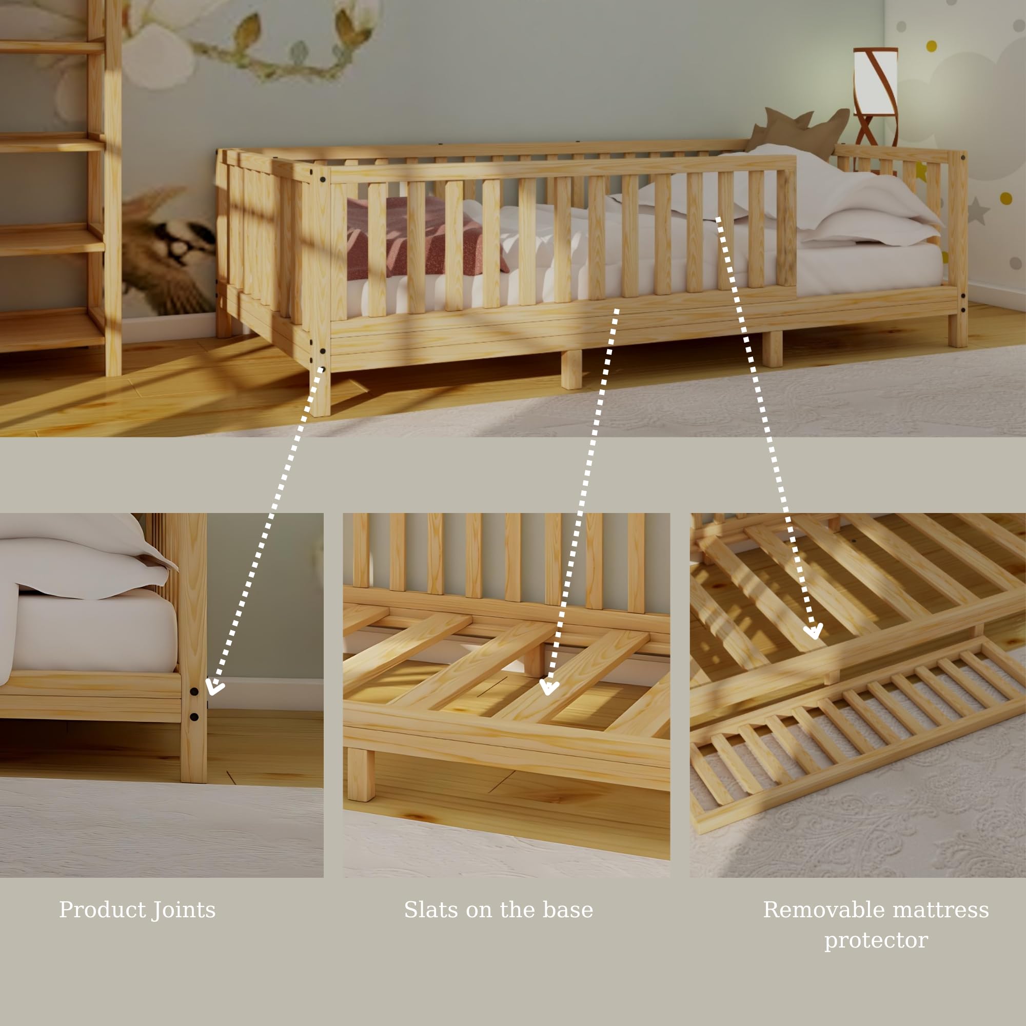 Montessori Floor Bed for Kids - Open Front Design, Solid Pine Wood Frame with Slats | Sturdy & Safe Toddler Bed for Boys & Girls (23