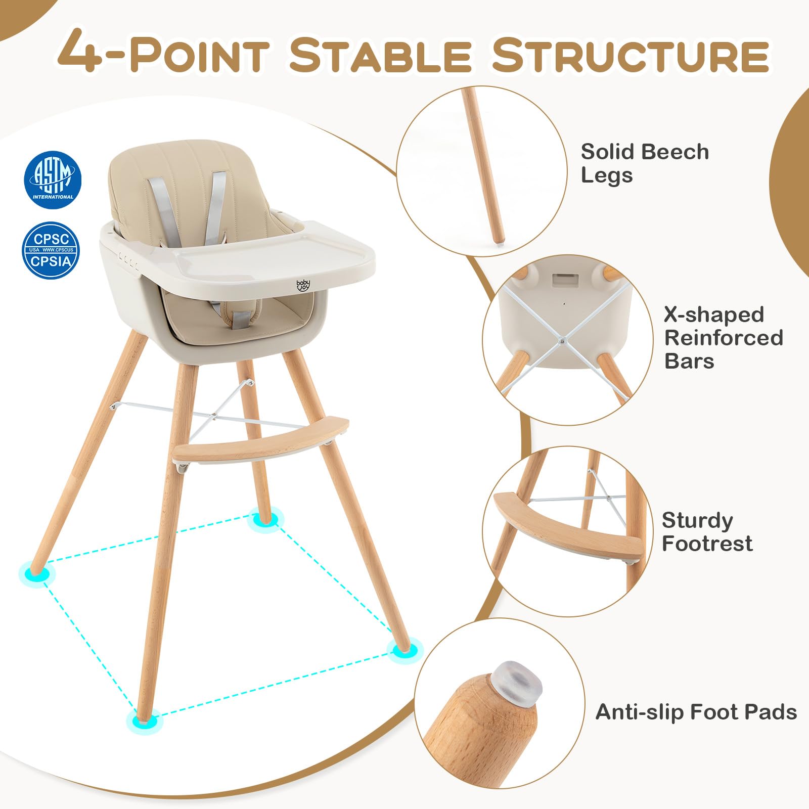 BABY JOY 3-in-1 Convertible Wooden High Chair - Adjustable Baby Highchair with Removable Tray, 5-Point Safety Harness, PU Cushion & Footrest - Infant to Toddler Booster Seat (Beige) - Perfect for Dining, Feeding & Playtime at Home