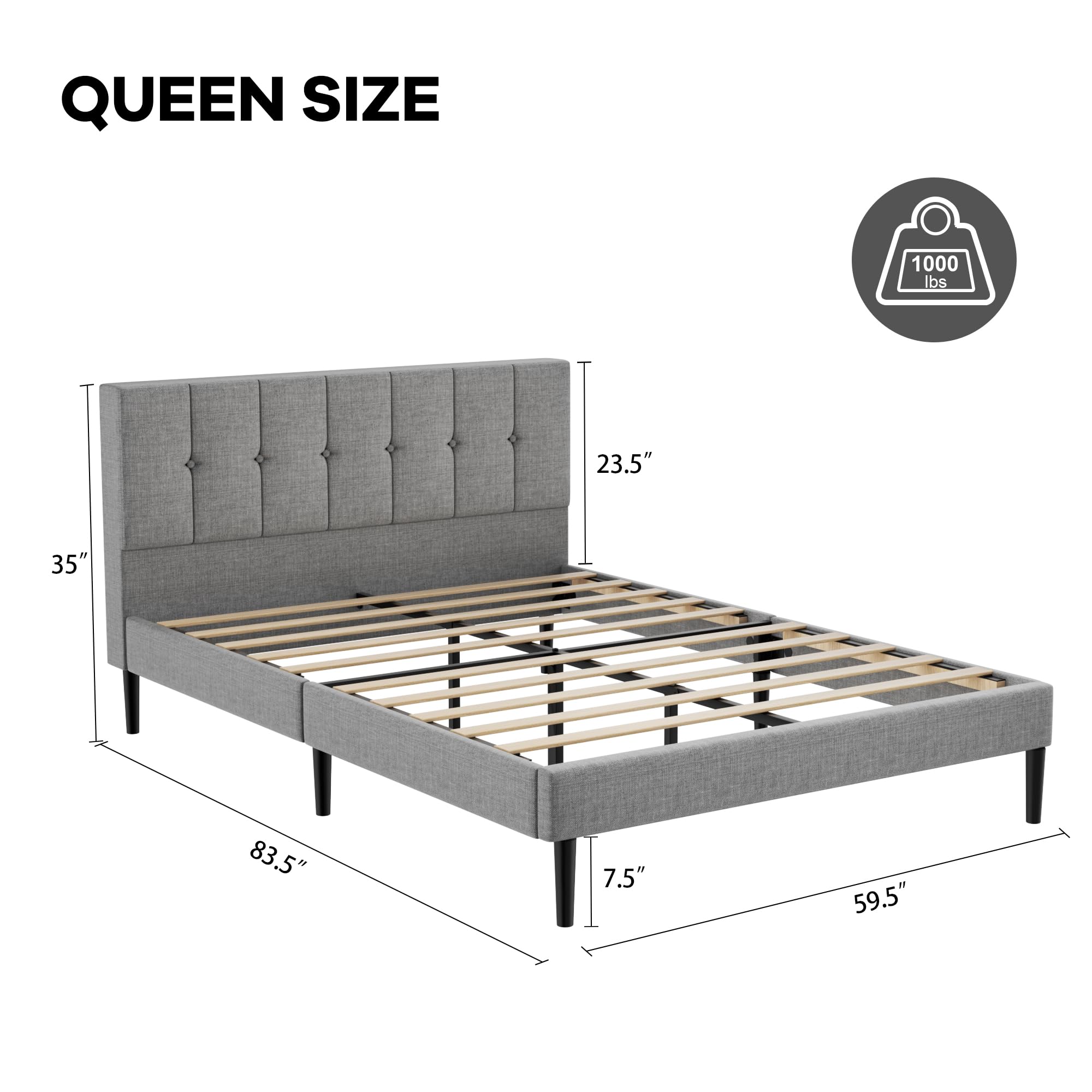 UNIZONE Queen Size Bed Frame with Button Tufted Upholstered Headboard - Wooden Slat Support Platform Bed - No Box Spring Needed - Easy Assembly - Light Gray Fabric - Perfect for Master Bedroom, Guest Room & Small Spaces