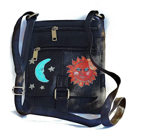 Genuine Black Leather Crossbody Bag with Hand-Painted Sun, Moon & Stars Design - Boho Chic Purse for Women | Perfect for Festivals, Travel & Everyday Use