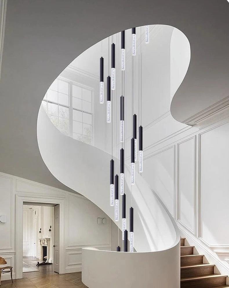 Elegant Crystal Tube Staircase Chandelier - Modern LED Lighting Fixture for Home & Foyer Decor | Perfect for Stairwells, Entryways, and Grand Halls
