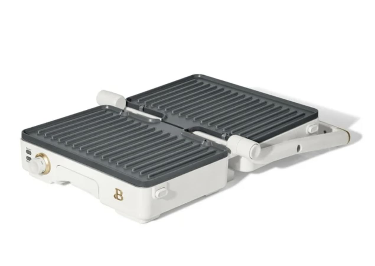 Drew Barrymore 2-in-1 Panini Press & Grill - Stainless Steel Sandwich Maker with Adjustable Temperature, White Icing | Perfect for Home Kitchen, Breakfast Paninis, Grilled Cheese & Quick Meals