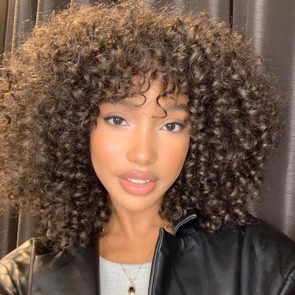 180% Density Short Curly Human Hair Bob Wig with Bangs - Loose Deep Wave 20 Inch O Scalp Top Wig for Black Women | Perfect for Daily Wear, Parties & Special Occasions