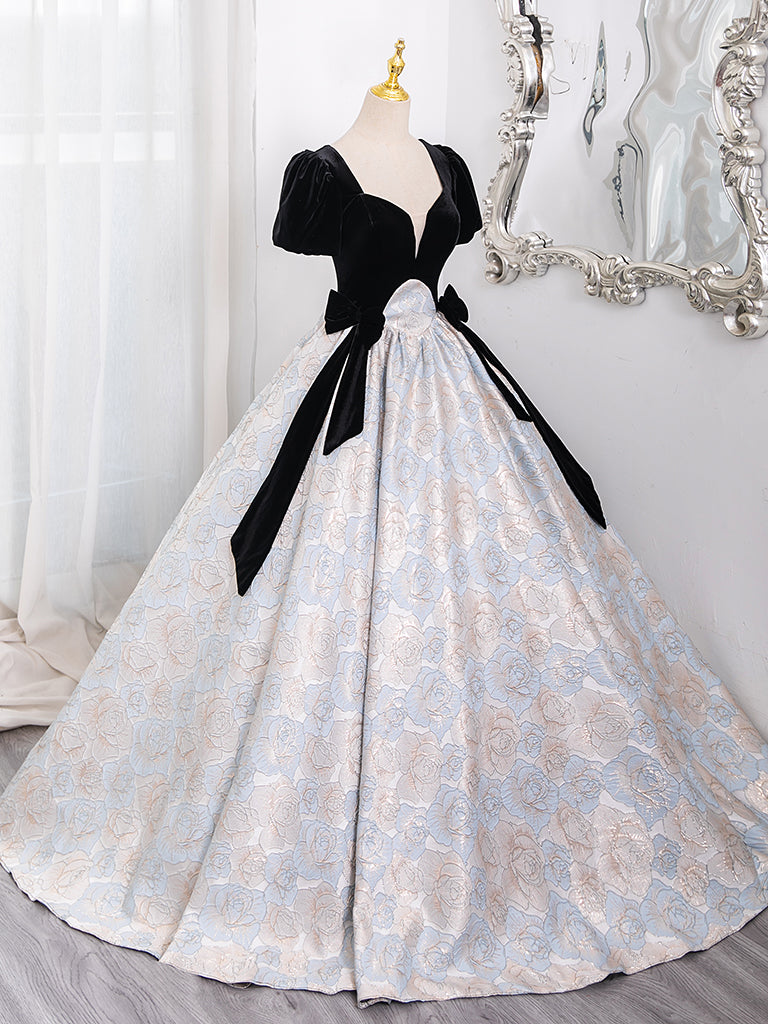 Elegant Black A-Line Satin Velvet Prom Dress with Short Sleeves - Long Formal Evening Gown for Homecoming, Ball, and Special Occasions