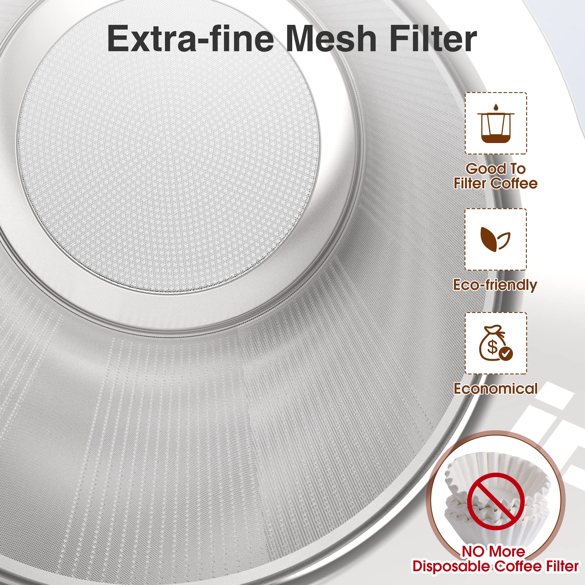 IPOW Reusable Stainless Steel Coffee Filter - Eco-Friendly Paperless Coffee Maker Strainer with Double Fine Mesh for Loose Tea & Ground Coffee - Fits Cups, Mugs & Teapots - Perfect for Home, Office & Camping Use