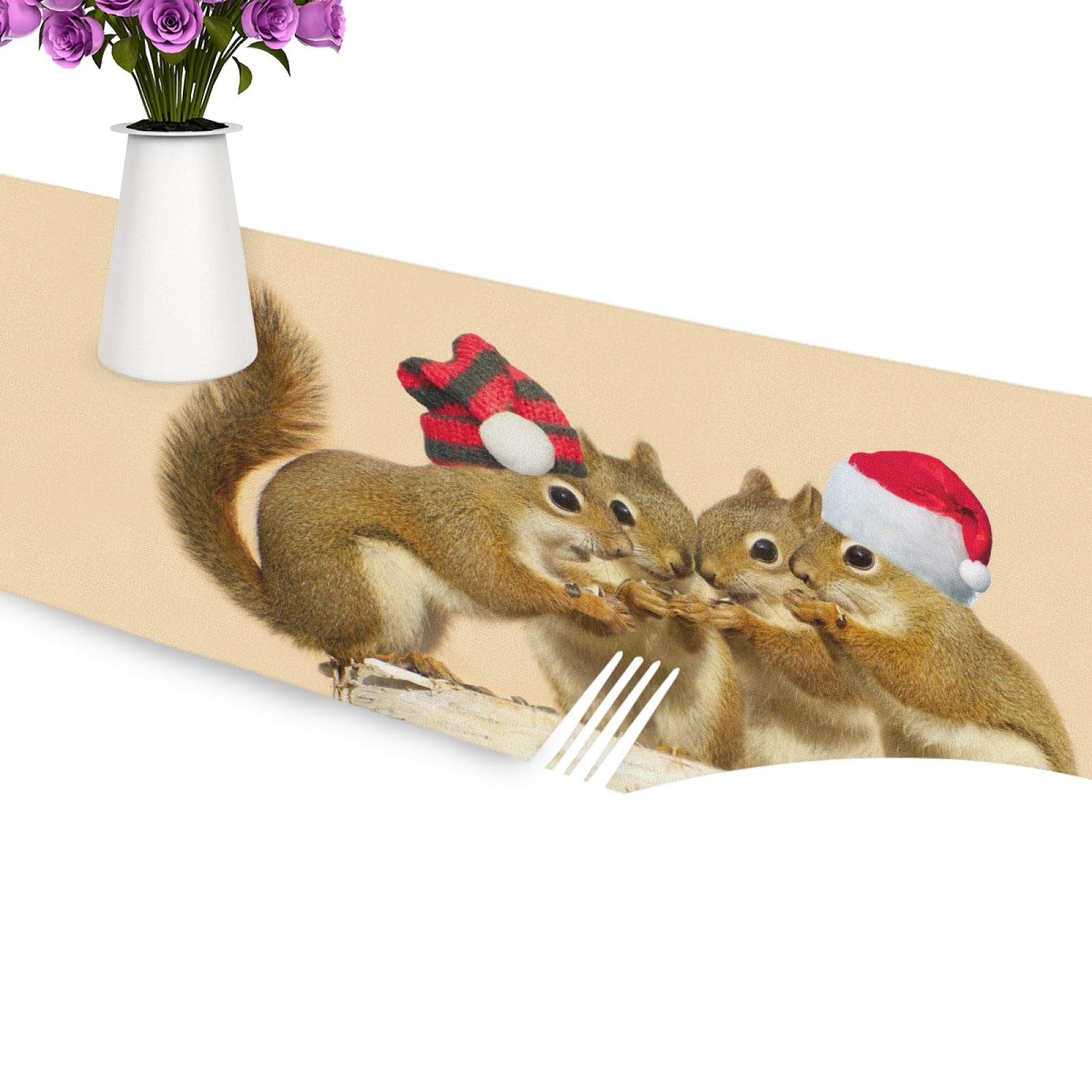 VIKKO Christmas Squirrel Table Runner 13x90 Inch - Holiday Home Decor Polyester Tablecloth for Dining Room, Coffee Table - Perfect for Family Dinners, Indoor Outdoor Parties & Festive Gatherings