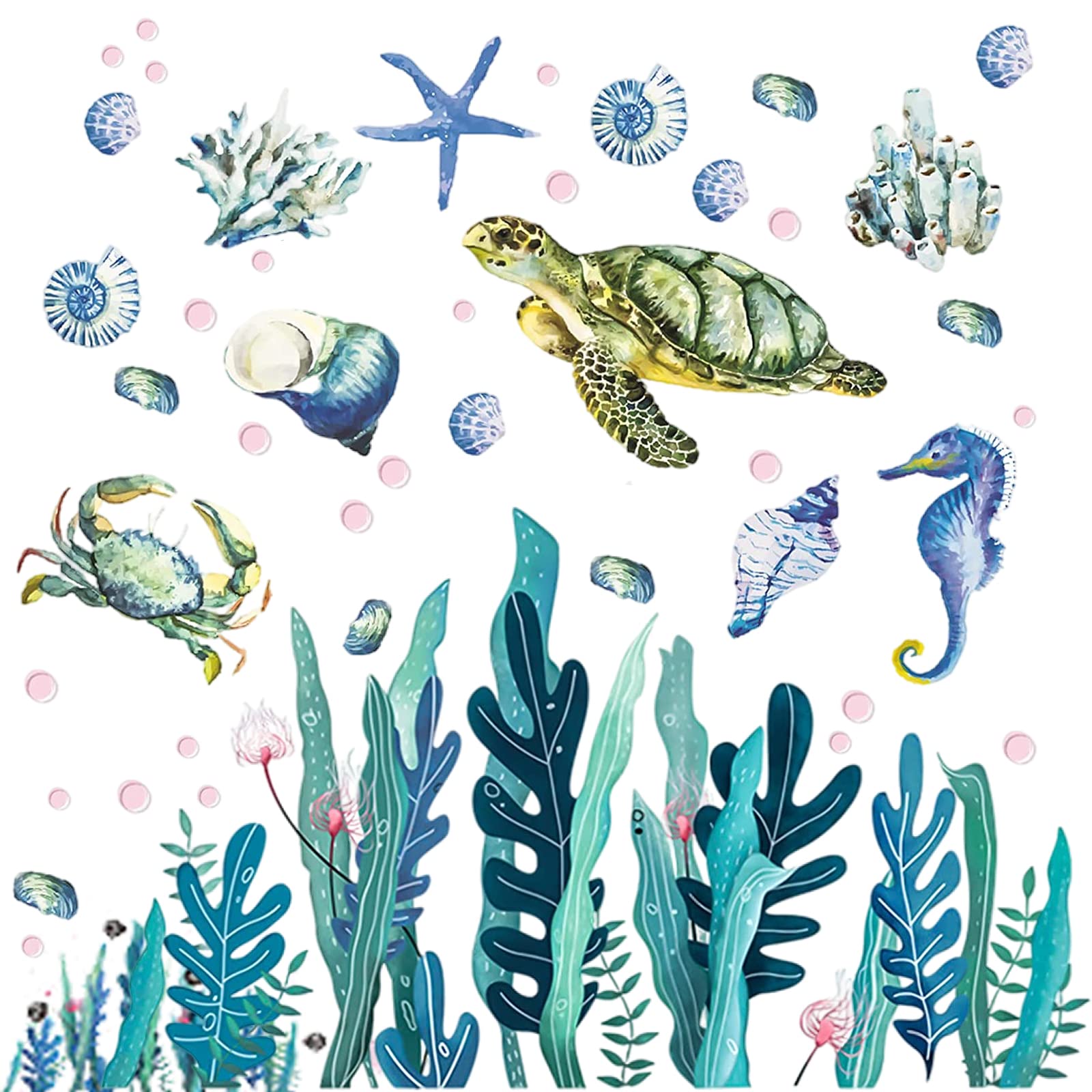 2 Sheets Under The Sea Wall Decals - 3D Ocean Sea Turtle & Grass Seaweed Stickers for Kids Room, Nursery, Bathroom Decor | Waterproof Removable Wall Art for Bedroom, Kitchen, Toilet | Perfect for Ocean-Themed Home Decoration & Underwater Party Decor